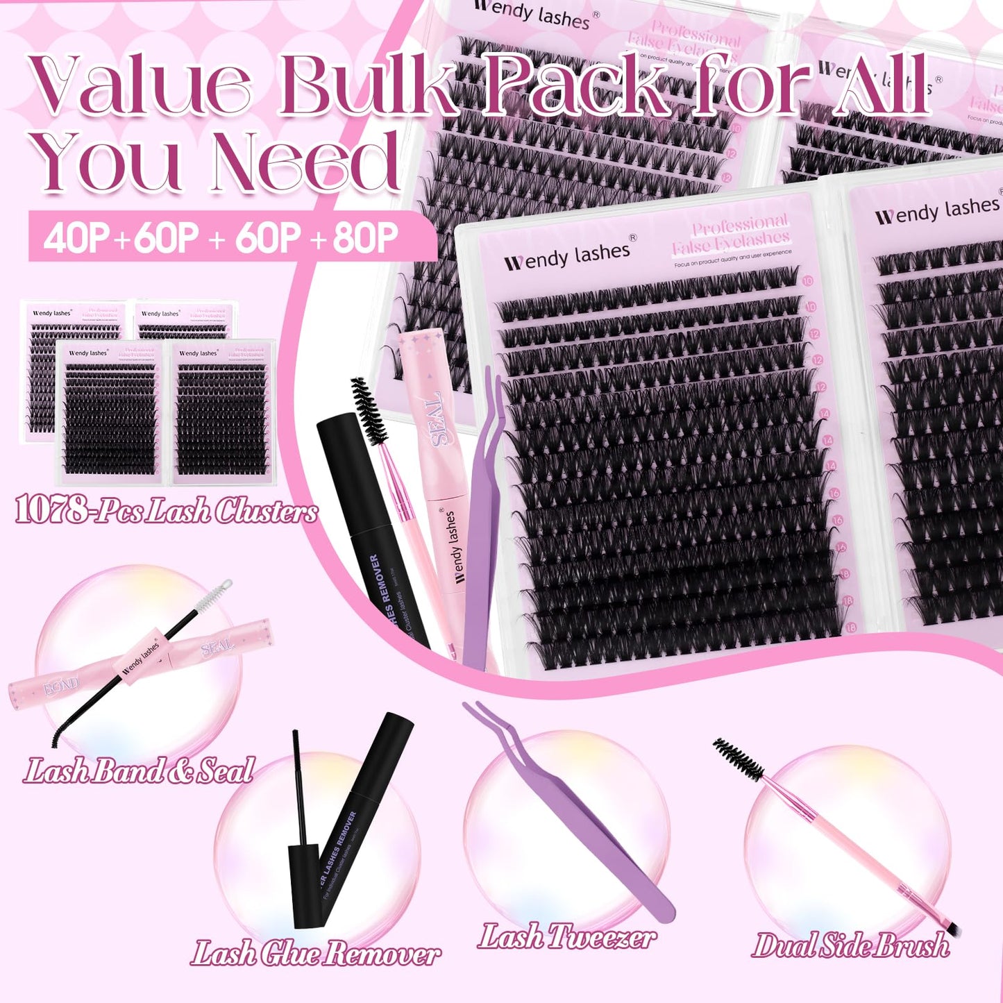 Natural Lash Clusters Kit Packs: Wendy, 1078Pcs, 40D, 60D, 60D, 80D, D Curl, 10-18mm Mixed, Soft, Cat Eye, DIY Eyelash, Individual, Fake Lashes, Bulk Pack