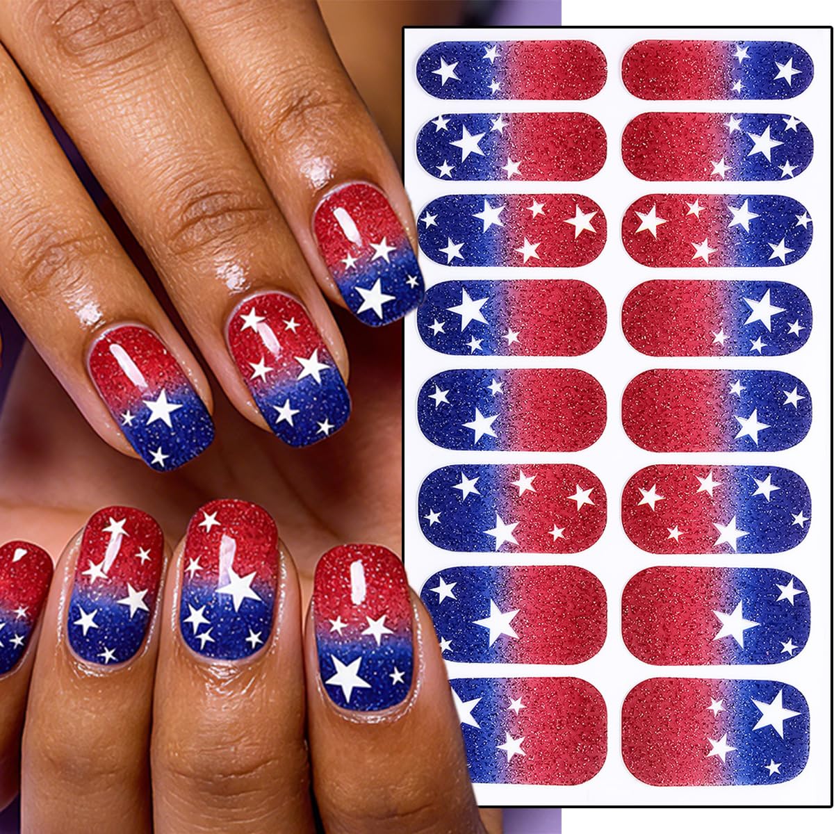 4Sheets 4th of July Gel Nail Strips Stickers Independence Day Full Wrap Nail Stickers American Flag Star Design Patriotic Nail Polish Strips 3D Self Adhesive Summer Holiday Nail Wraps Decals for Women