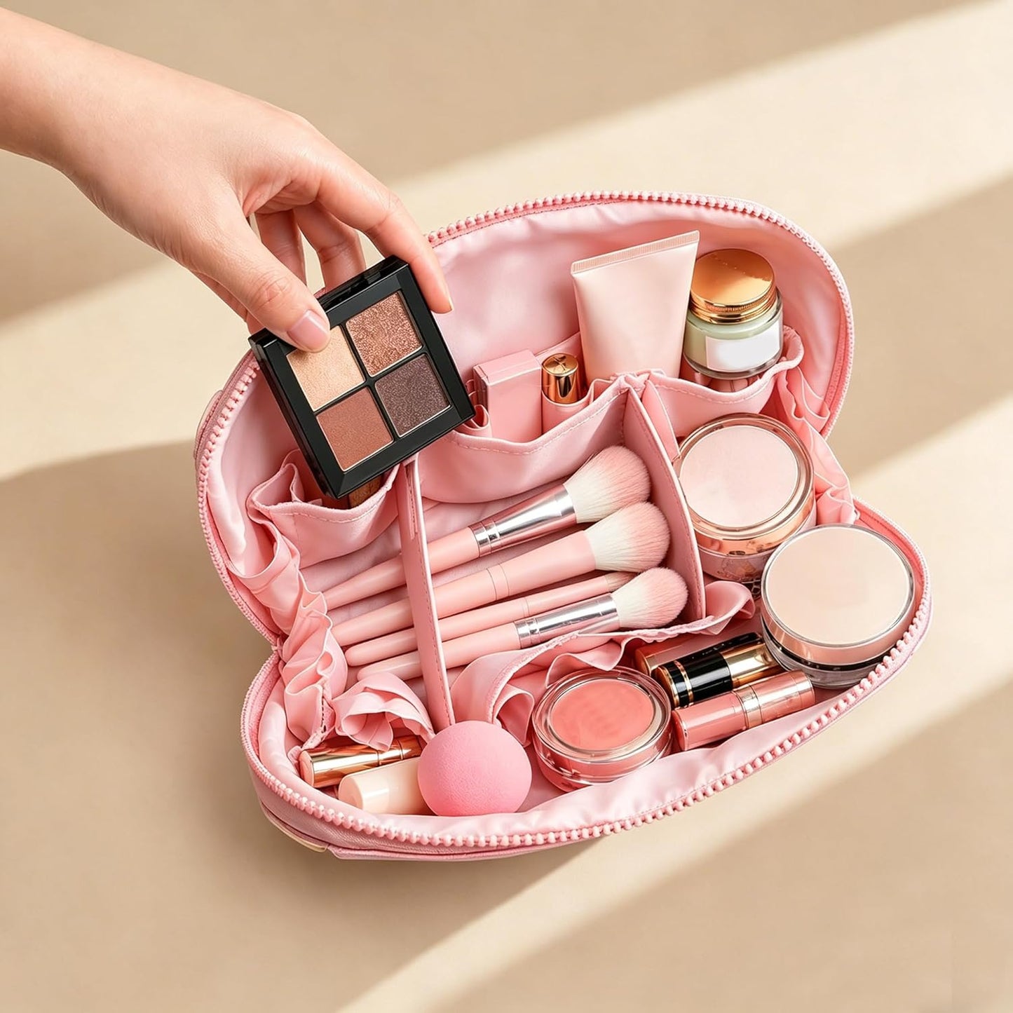 Travel Makeup Bag - Fold-Down Design with Adjustable Dividers | Brown Cosmetic Organizer