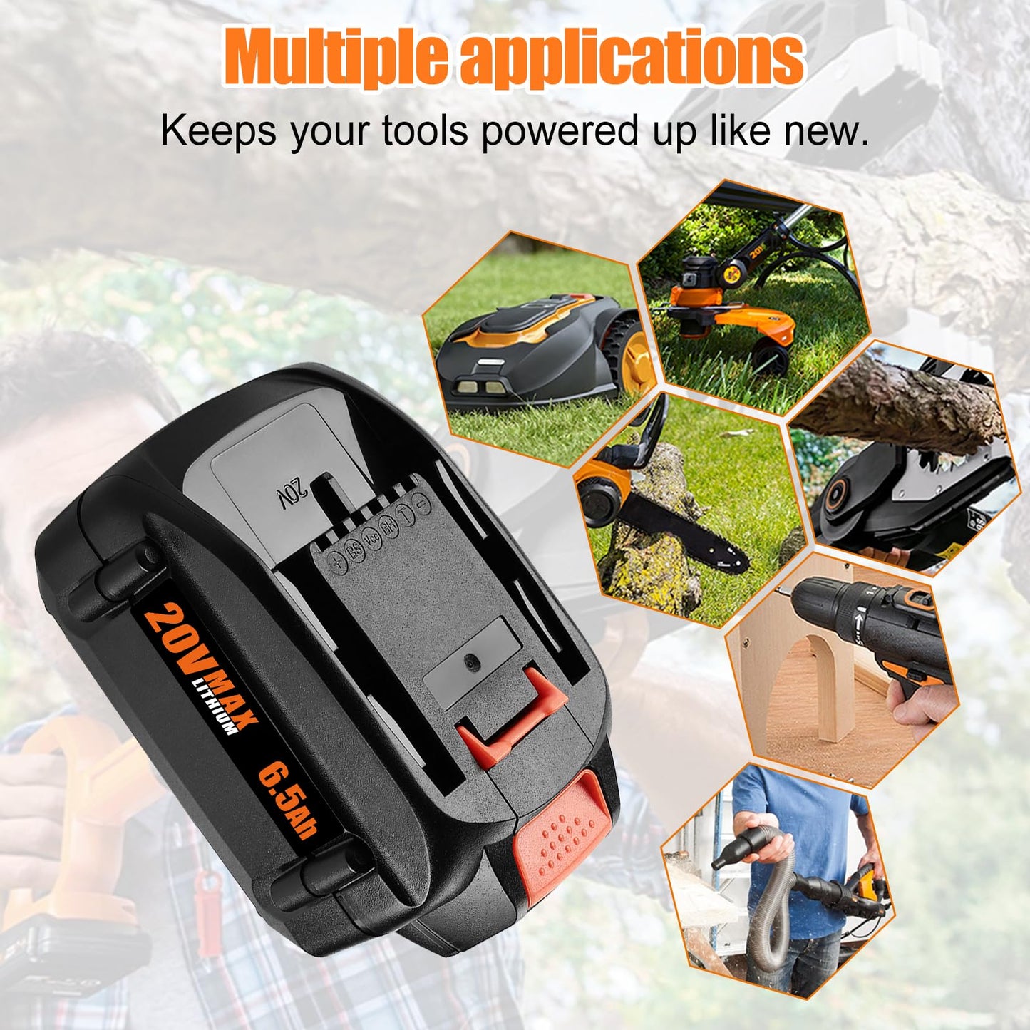 Powilling 2 Pack 6.5Ah Replacement for Worx 20V Battery and Dual Charger Compatible with Worx Battery 20V WA3674 WA3575 WA3525 WA3520 WG151s WG155s WG545s