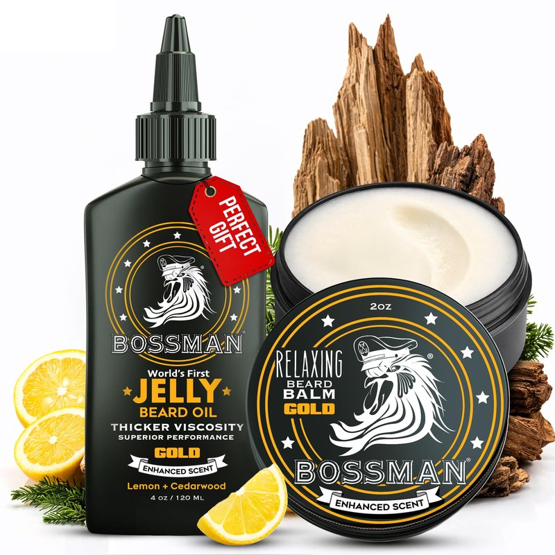 Bossman Jelly Beard Oil for Men & Beard Balm for Men Combo - Gold Scent