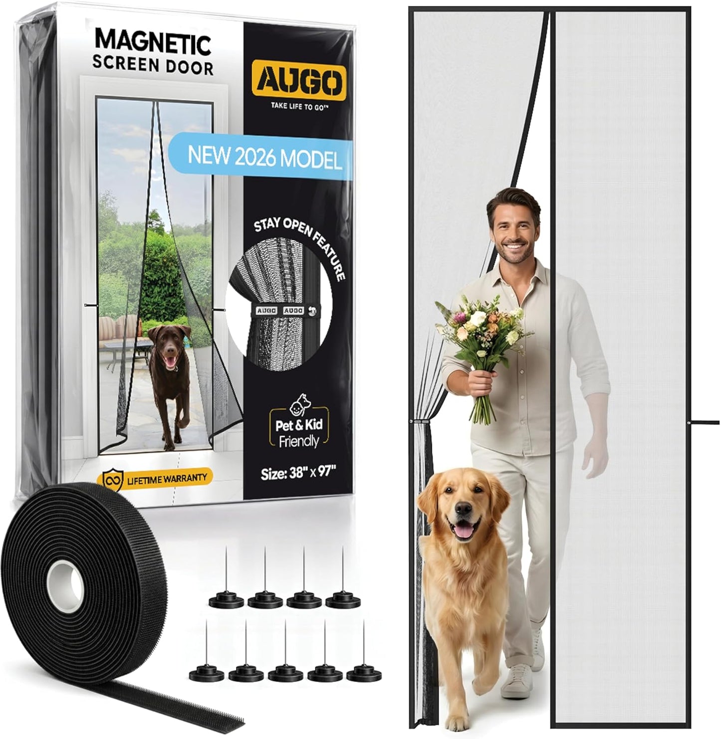 Magnetic Screen Door - Heavy Duty, Self-Sealing Mesh Keeps Bugs Out | 38" x 83" - Pet & Kid Friendly