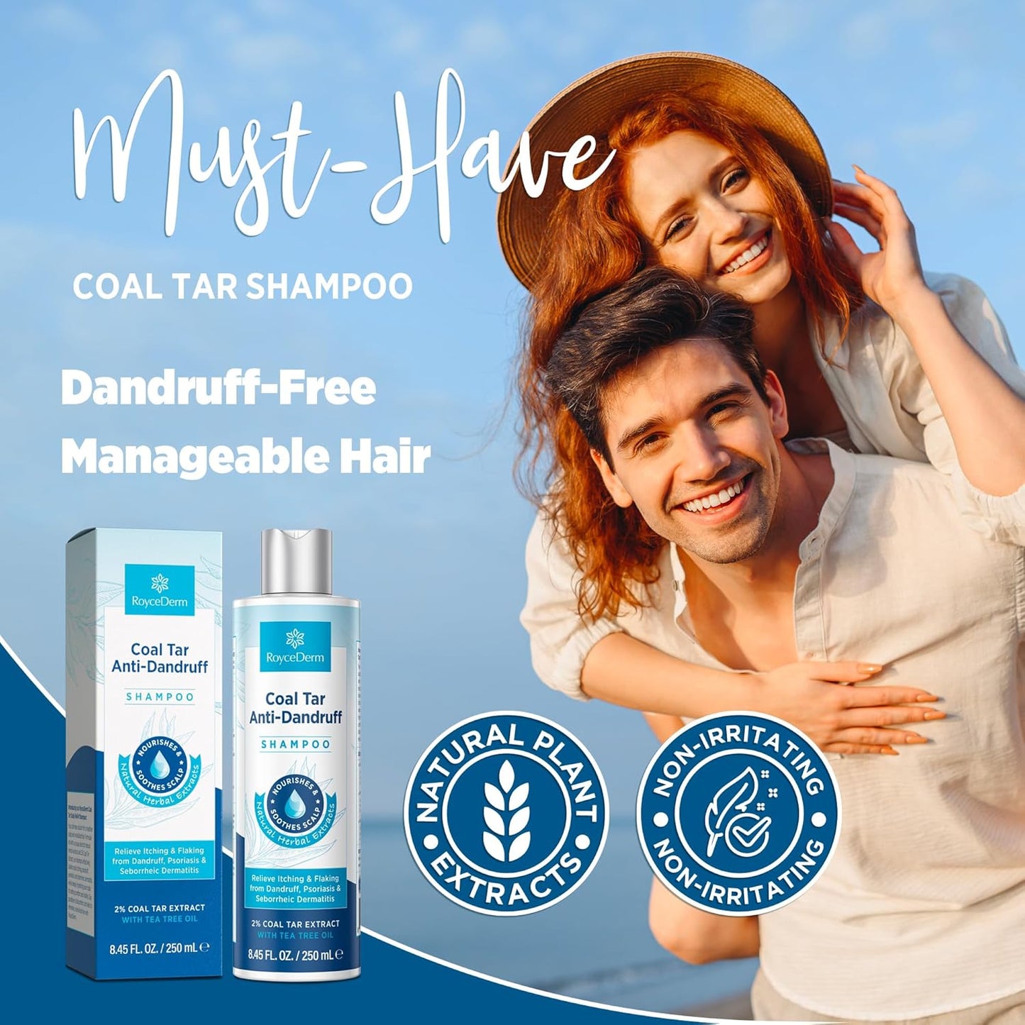 RoyceDerm Dandruff Shampoo - Extra Strength 2% Coal Tar Gel for Rapid Scalp Relief | Hydrating & Natural Fragrance