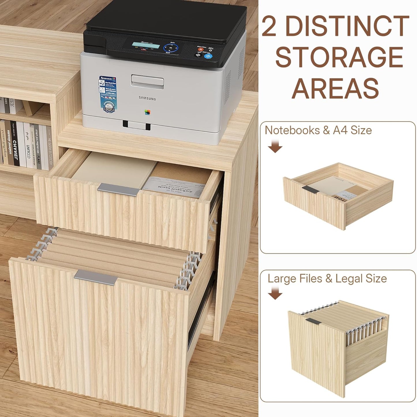 L Shaped Executive Desk - Height Adjustable Modern Office Workstation with File Cabinet & USB | Natural Wood Finish