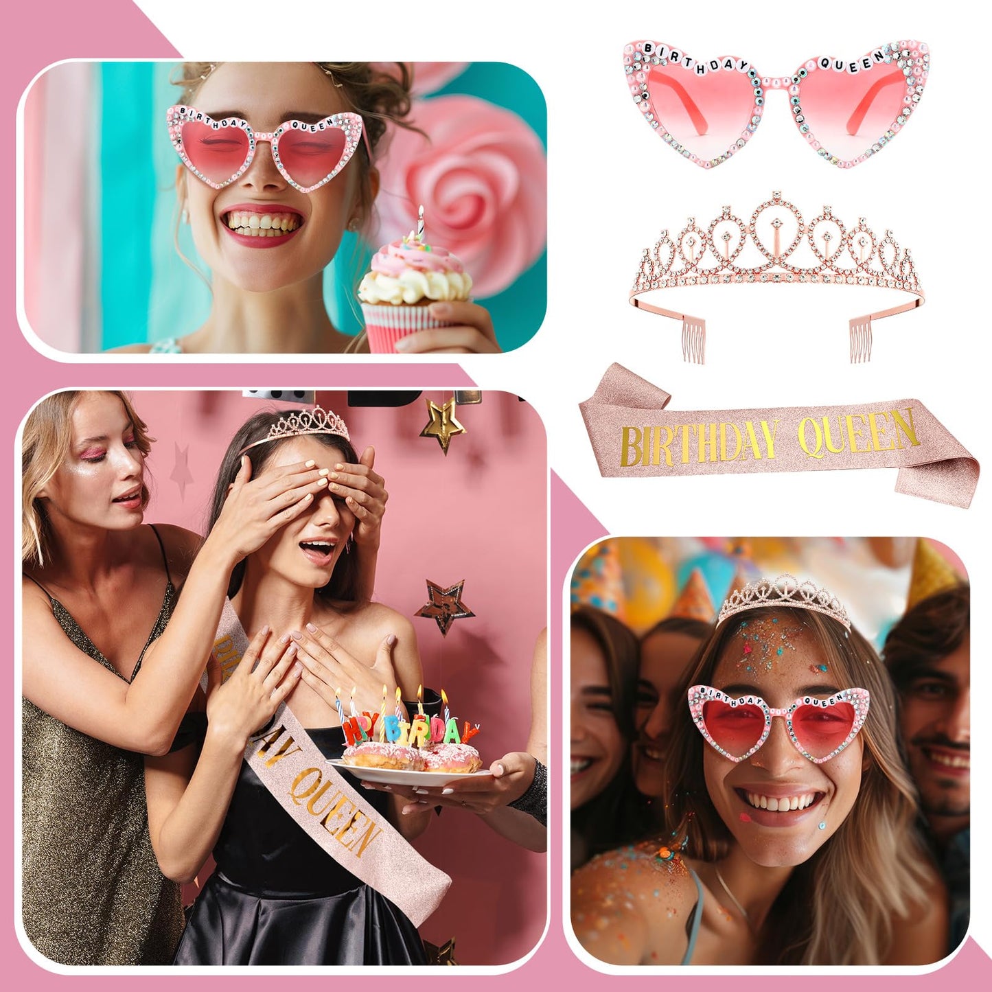Loetere 3 Pcs Birthday Queen Sash and Crown with Glasses for Women Rhinestone Tiara and Glasses Queen Sash Accessories Set Birthday Party Favors for Party Birth Anniversary