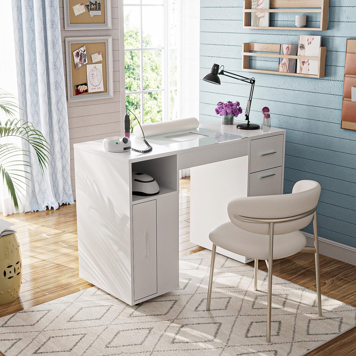 Nail Tech Manicure Table - Acetone Resistant Glass Top & Wrist Rest | White Workstation with Storage Drawers & 4 Dust Bags