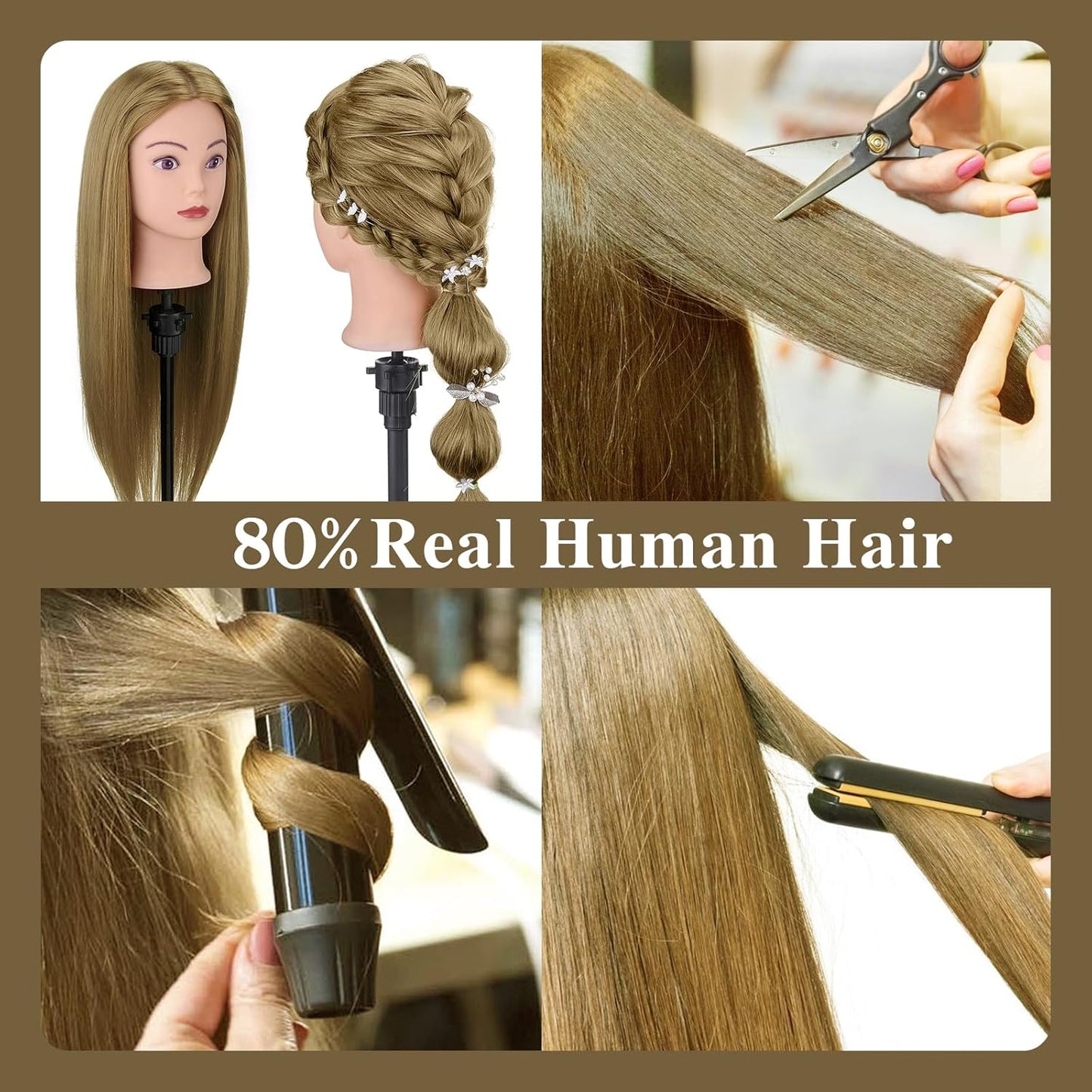 Human Hair Mannequin Head - 28” Cosmetology Training Doll for Hair Styling | 80% Real Hair with Table Clamp