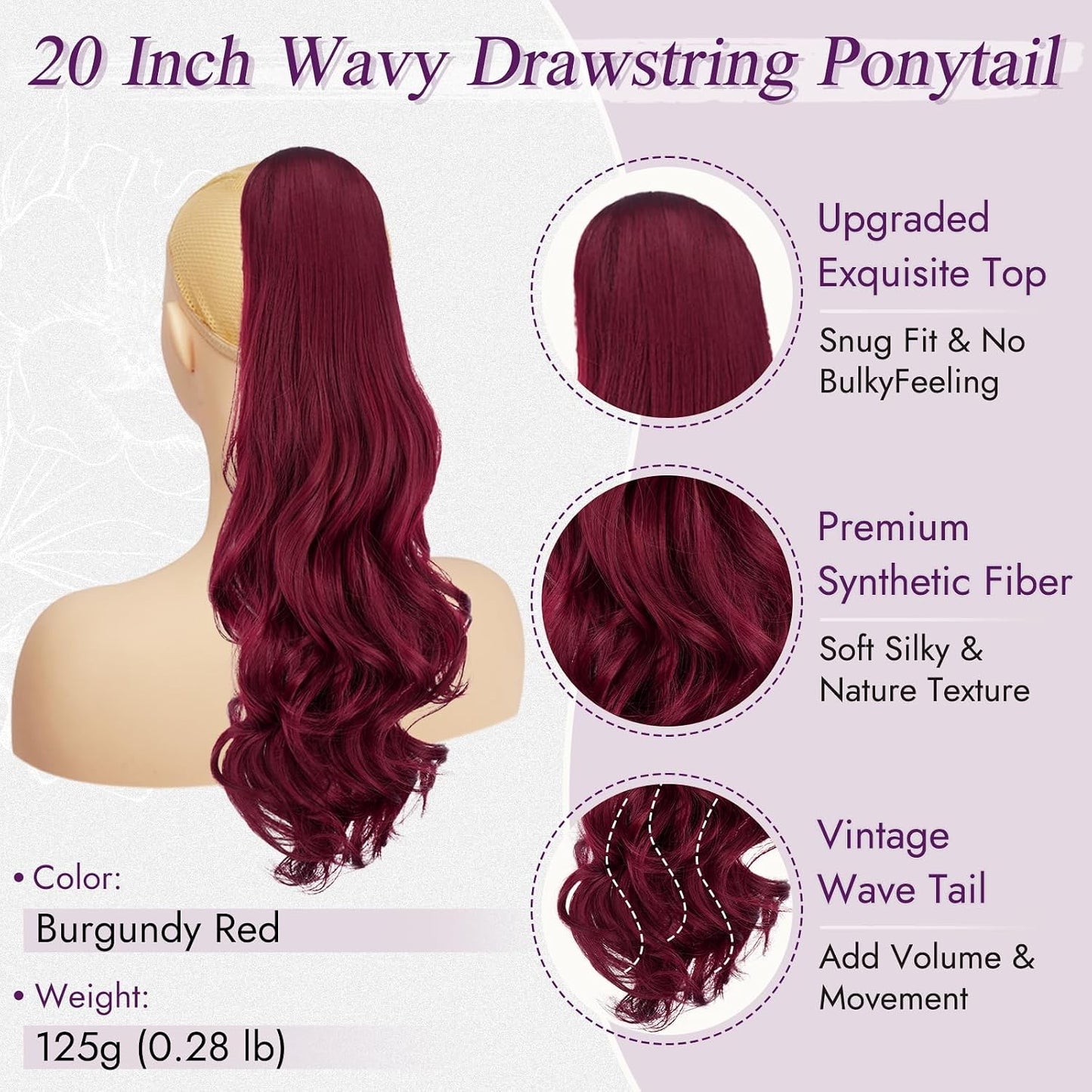 Burgundy Red Wavy Drawstring Ponytail Extensions - 20 Inch Synthetic Clip-In Hairpiece for Women, Natural Curly Style