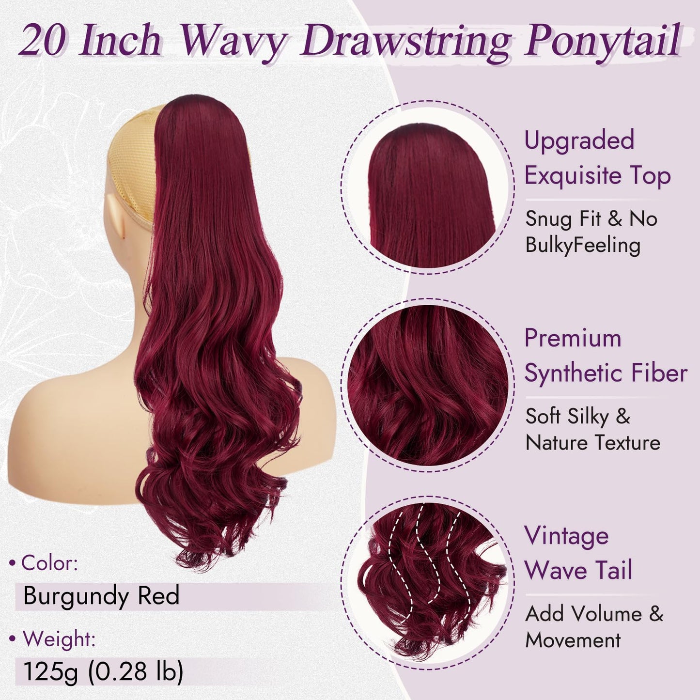 BARSDAR Burgundy Red Wavy Drawstring Ponytail Extensions – 20 Inch Synthetic Drawstring Comb Clip in Ponytail Hair Extensions for Women, Natural Looking Curly Wavy Red Pony Tails Hairpieces