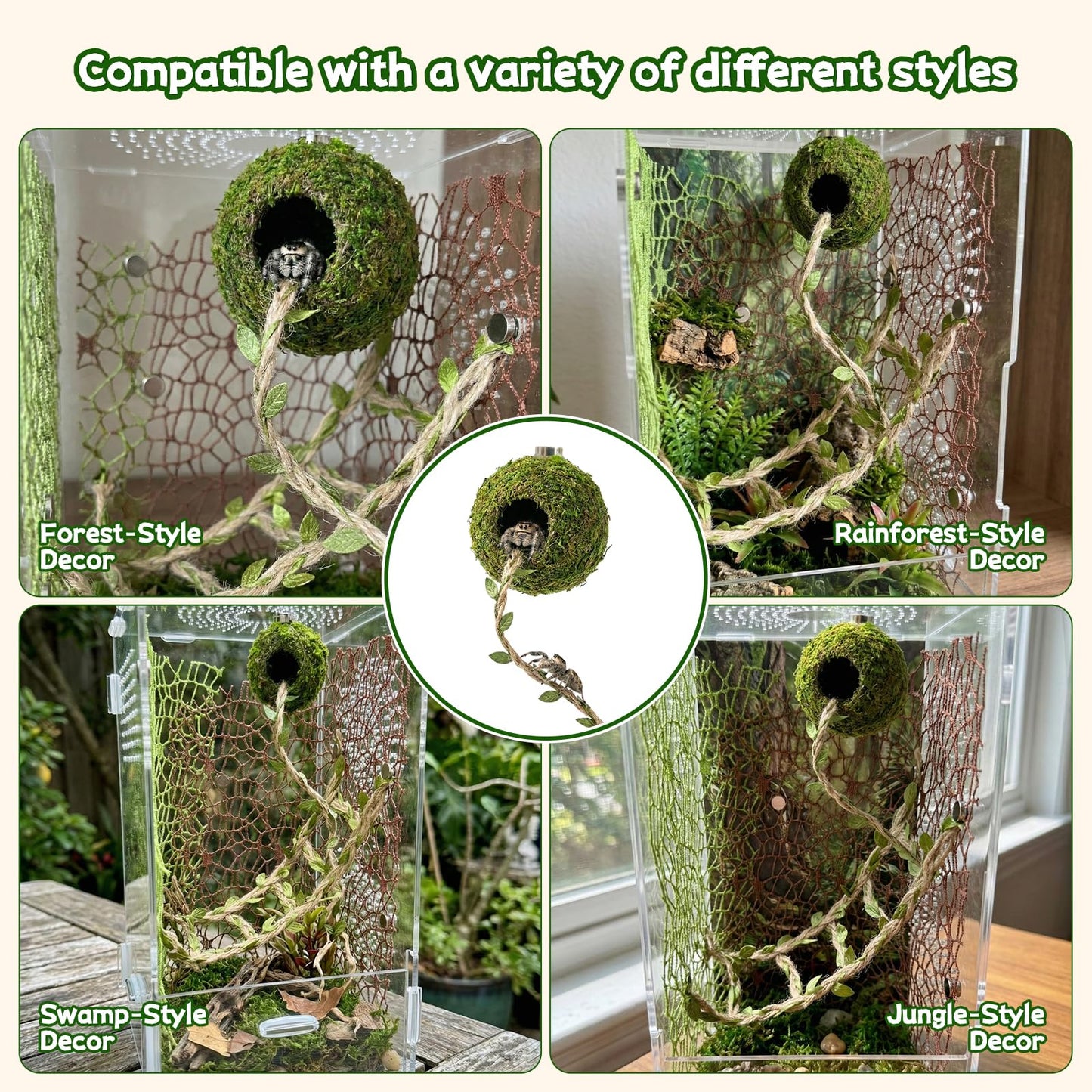 Magnetic Jumping Spider Hideout,Habitat Décor Kit - Handmade Moss Hideout with Climbing Rope,Hemp Rope Bridge,2Pcs Climbing Web& Loose Moss,Fun Enclosure Accessories for Climbing & Hiding (4.5cm)