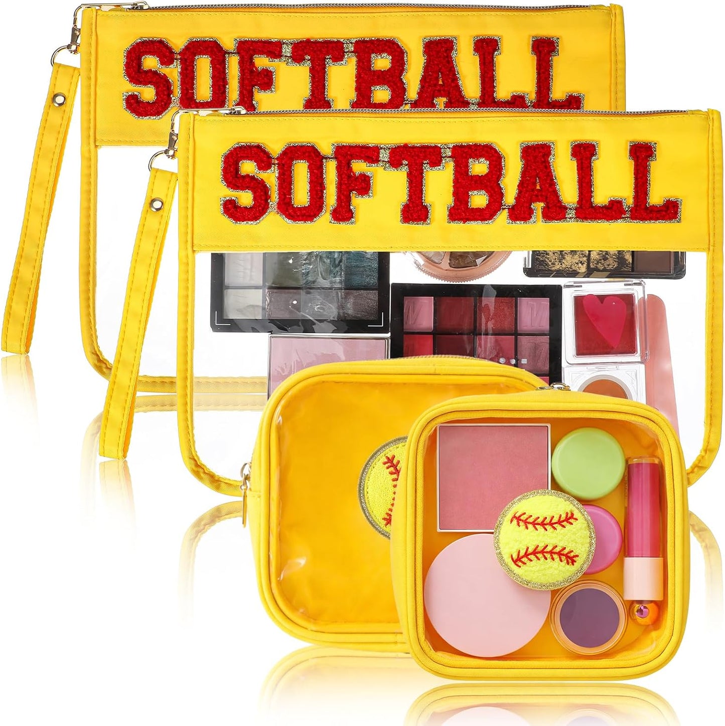 Softball Gift Set for Girls - 4 Pcs Snack Goodie Bags & Makeup Toiletry Pouch | Chenille Letter Travel Case