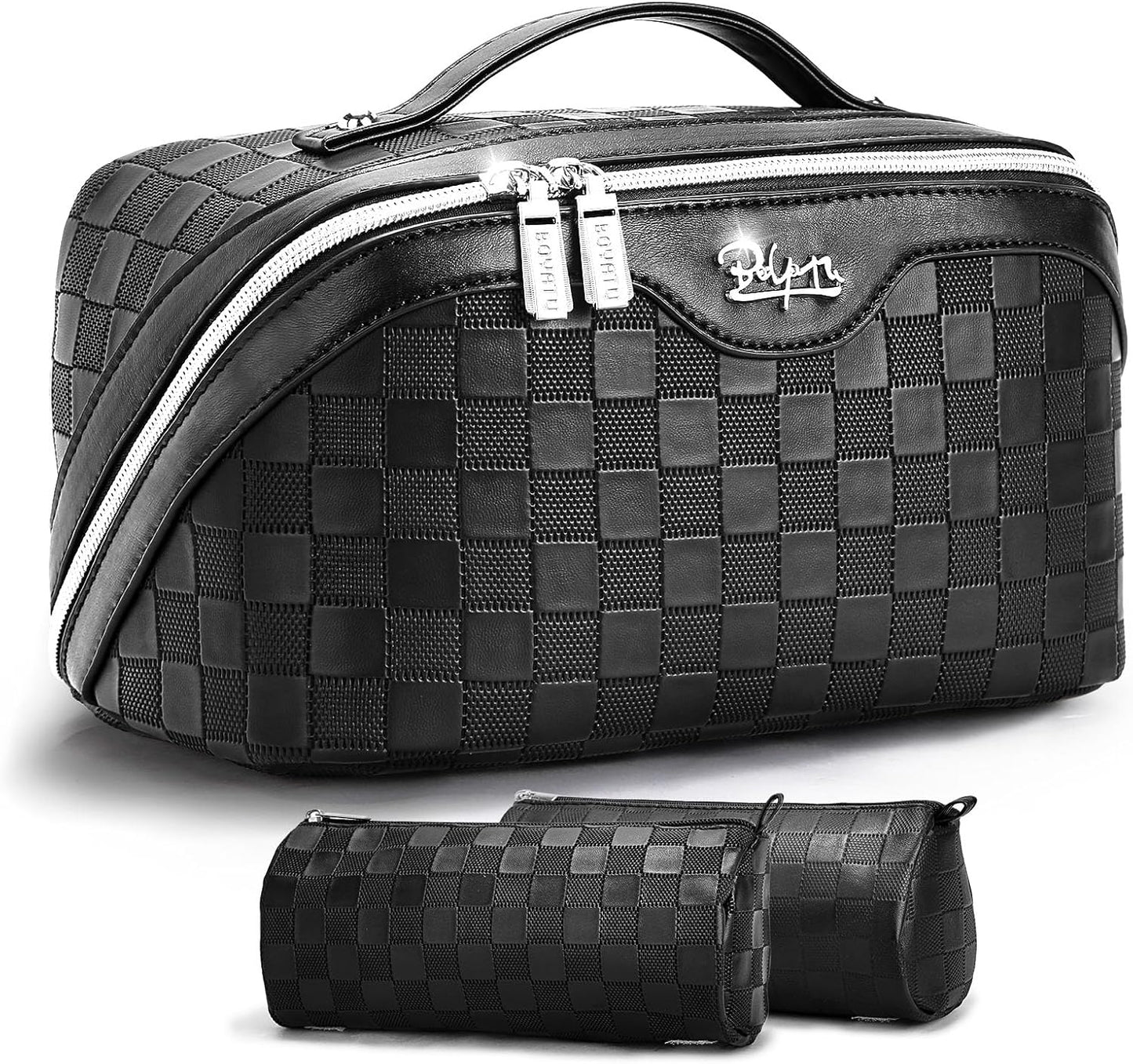 Travel Makeup Bag Organizer Set - 3 Pcs Waterproof Vegan Leather Cosmetic Bags for Women | Black