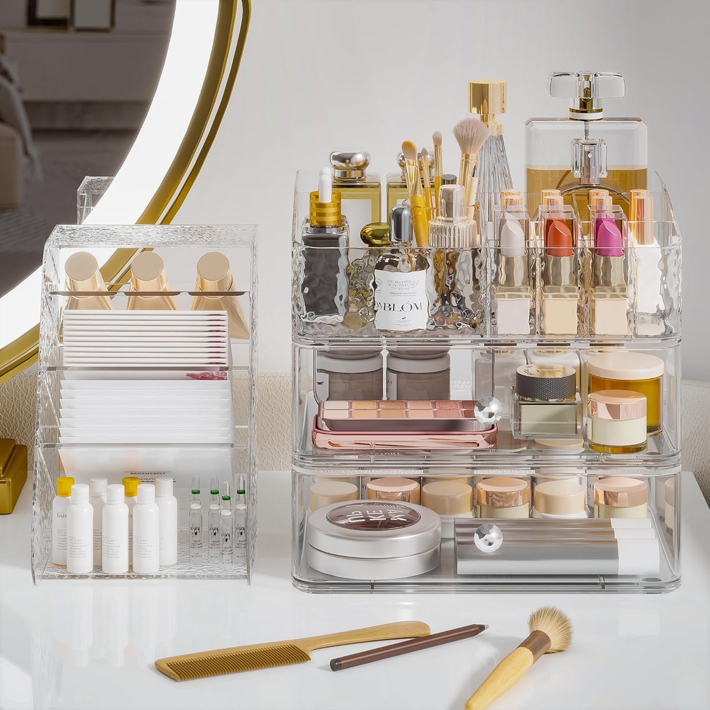 Makeup Organizer - Clear Stackable Storage Case for Brushes, Lipsticks & Skincare | Vanity Drawer Solution