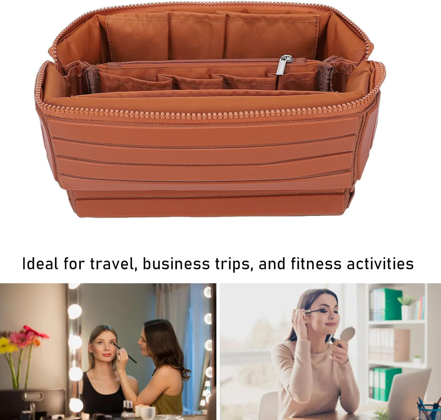 Travel Makeup Bag - Large Capacity Cosmetic Organizer for Women | Waterproof Soft PU Leather - Brown 22.5cm x 15cm