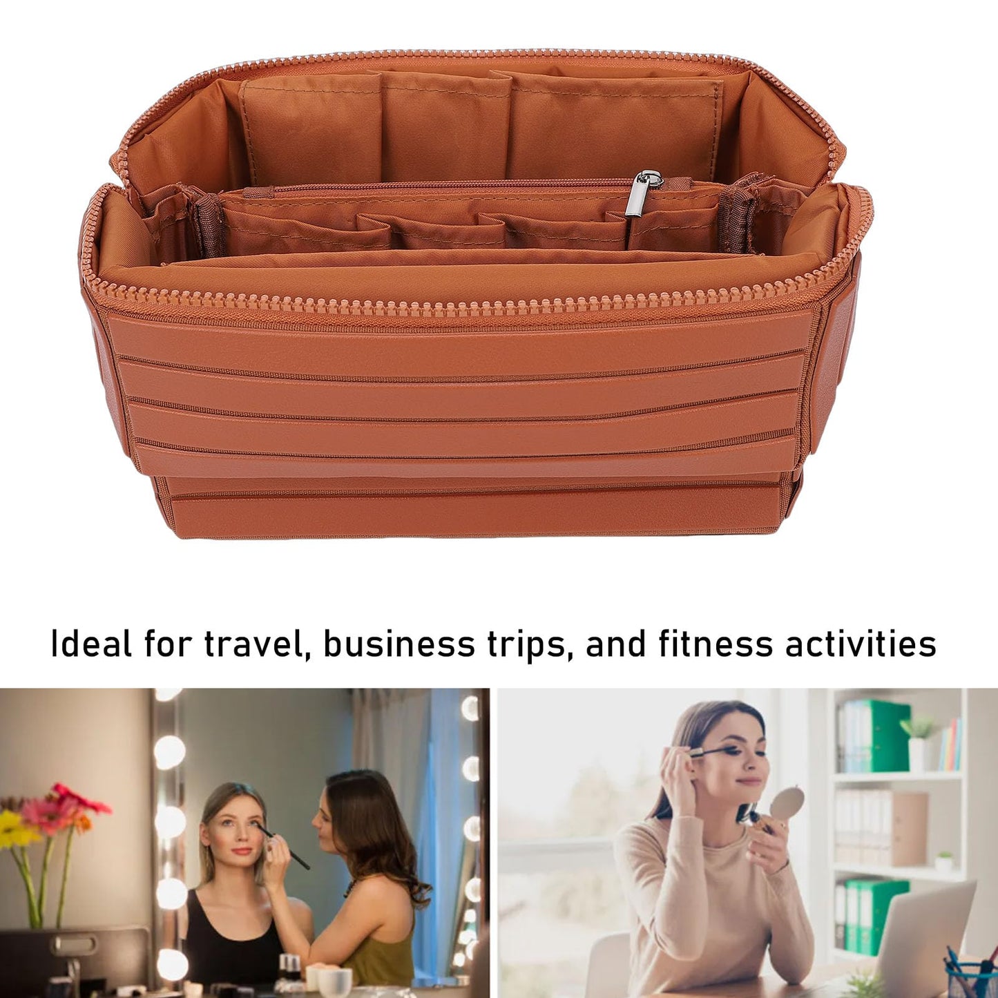 ciciglow Travel Makeup Bag, 22.5cm/8.86inch×15cm/5.91in Large Capacity Cosmetic Bags for Women, Fold Down Water Proof Toiletry Bag, Pull Open Design Soft PU Leather(Brown)