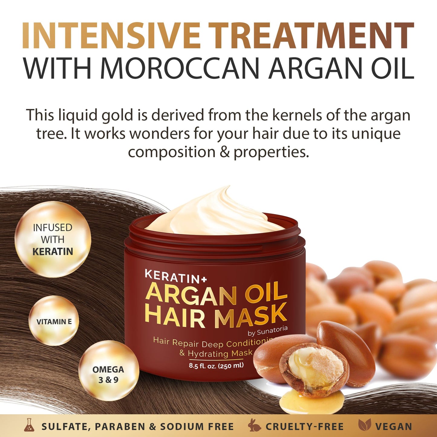 SUNATORIA Argan Oil Hair Mask with Keratin for Dry, Dull, Frizzy Hair - Deep Conditioning Mask for Softness, Smoothness & Shine, 8.5 Fl Oz