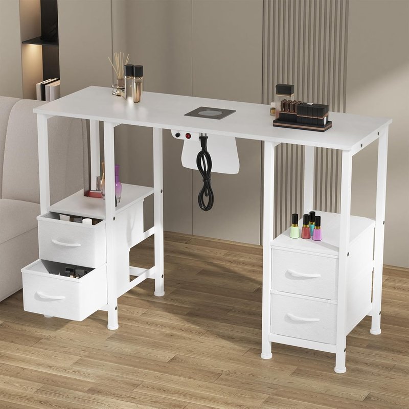 Manicure Table for Nail Tech - Professional Nail Station with 4 Storage Drawers & Dust Collector | White