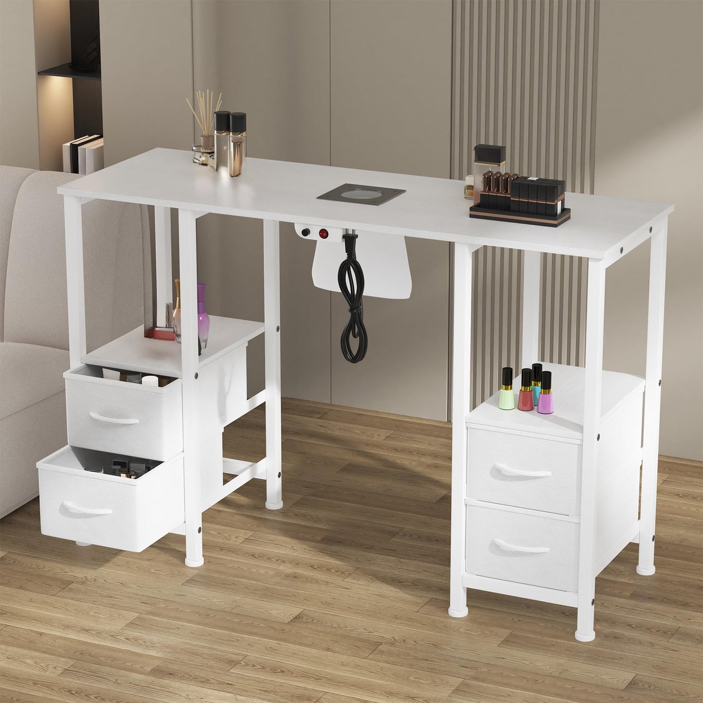 WODRAWER Manicure Table for Nail Tech, Nail Tech Table Station w/4 Storage Drawers & 2 Open Shelves, Nail Table w/Dust Collector for Beauty Salon Tech Station (White)