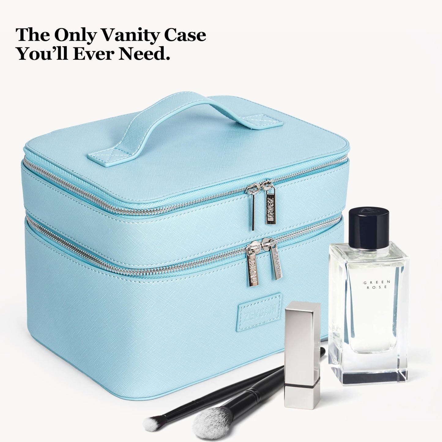 ZEVGANI Travel Makeup Bag Vanity Case with Mirror, Large Toiletry Bag Portable Leather Makeup Bag Organizer with Dual Compartments Removable Dividers for Skincare & Brushes, Blue