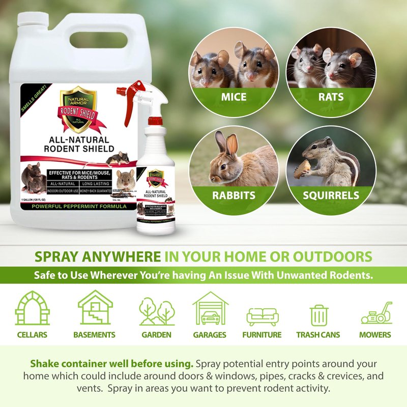 Natural Armor Peppermint Repellent for Mice/Mouse, Rats & Rodents. Natural Spray for Indoor & Outdoor Use Rodent Shield - 128 Fl Oz Gallon Refill