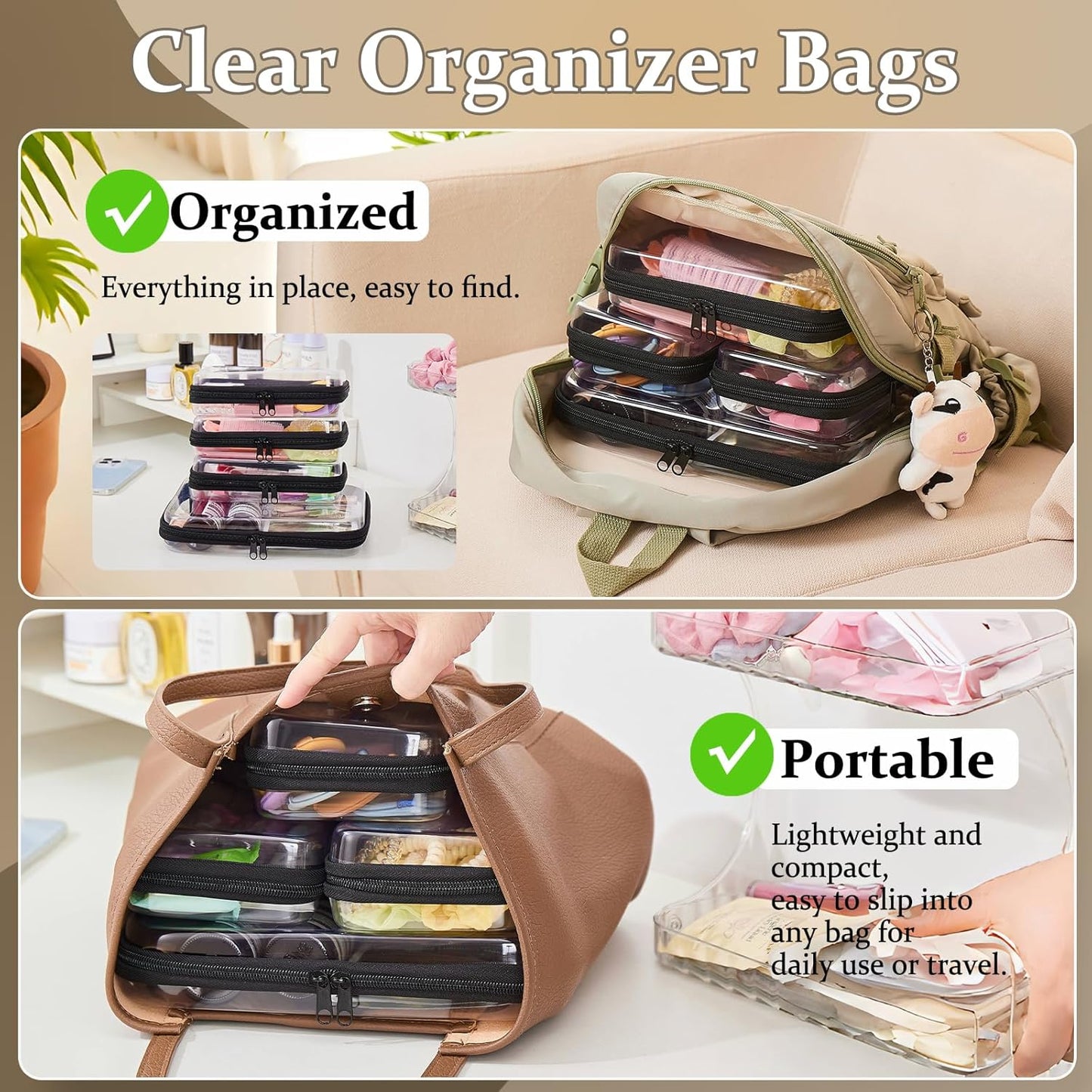 Clear Zipper Pouches - Hard Shell Toiletry Bag Set for Travel | 4 Pack, Black