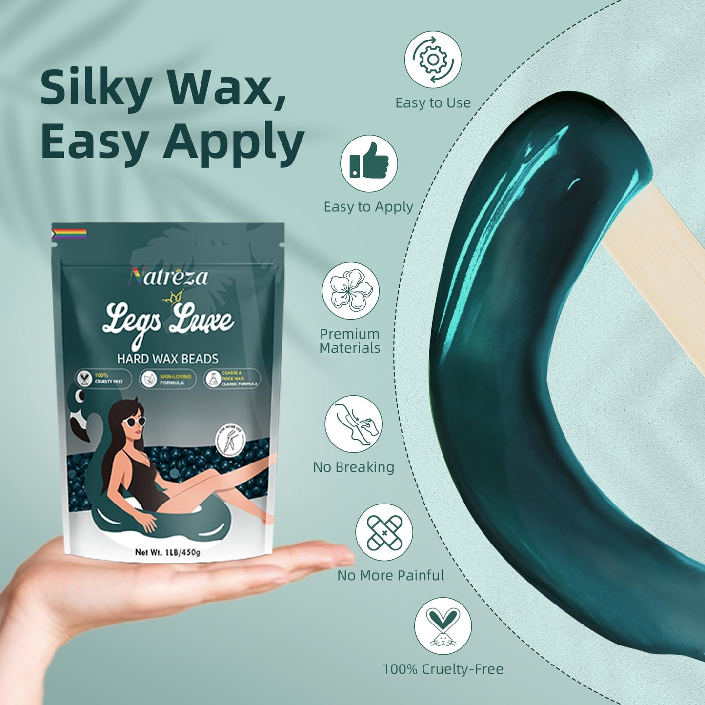 Natreza Wax Beads for Hair Removal, 1lb Hard Wax Beans for Full Body, Brazilian, Bikini, Legs, Arms, Face, Thick Hair Formula, Waxing Beads for Women & Men, Dark Green