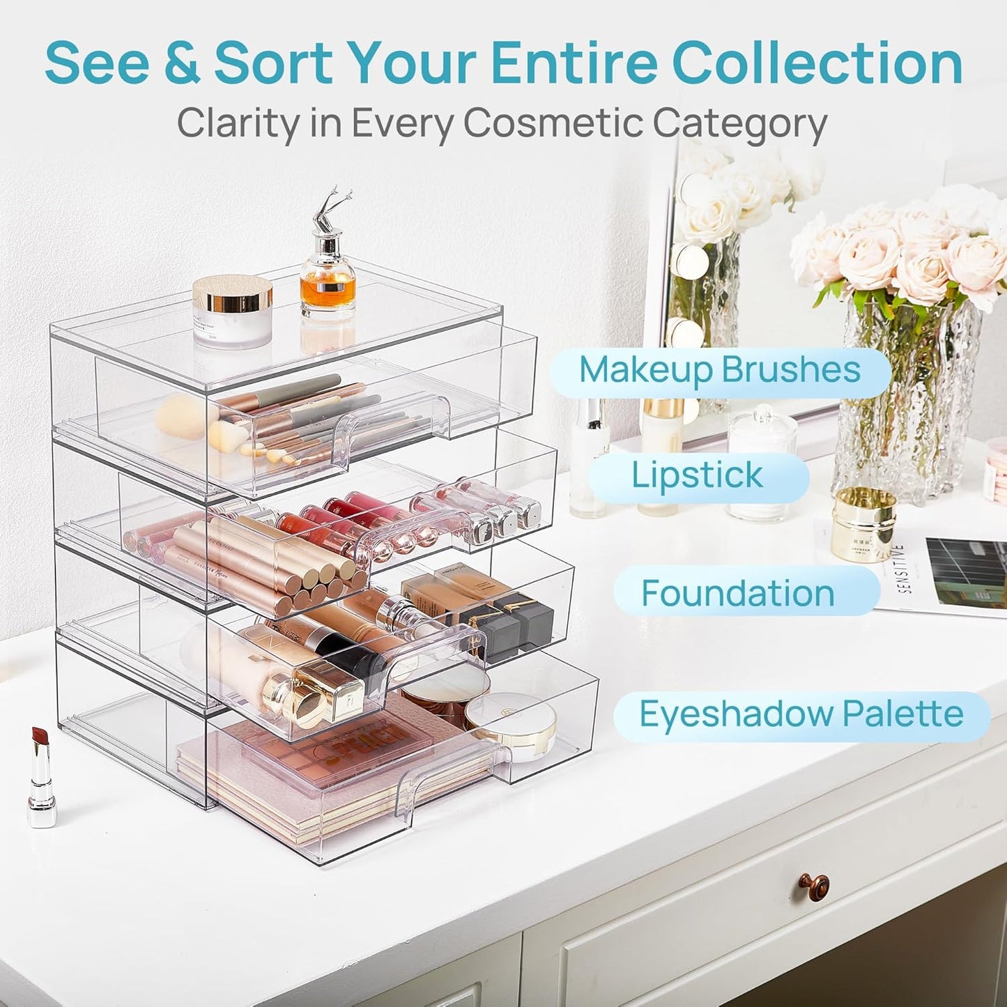 Clear Stackable Storage Drawers - 12.1''W Acrylic Organizers for Makeup, Cosmetics & Beauty Supplies | 2 Pack
