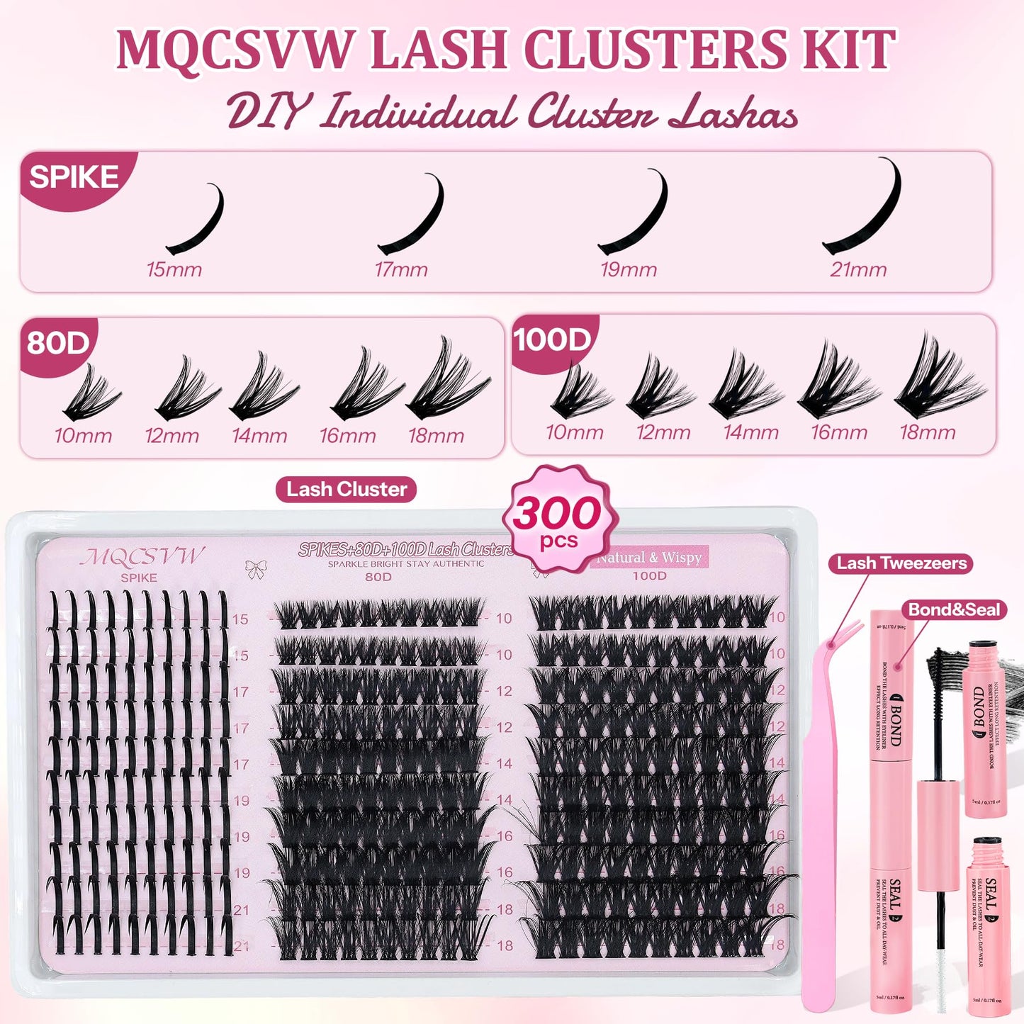 Lash Clusters Spikes 80D 100D Long 10-21mm Cluster Eyelash Extensions Kit, Wispy Thick Volume Lashes Clusters,300pcs Individual Lashes DIY Spiky Manga with Lash Strips, Bond Seal Tweezers