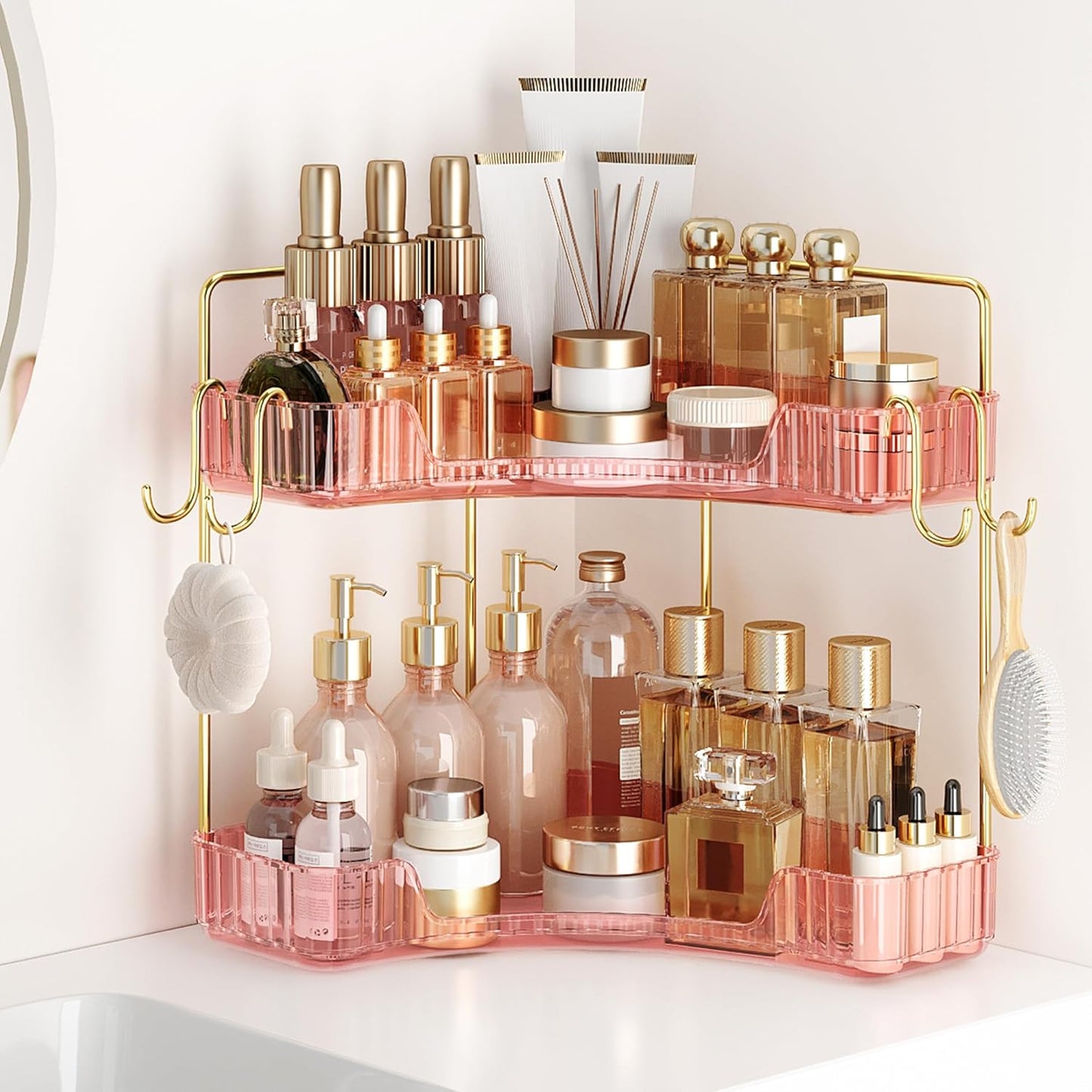 Corner Bathroom Counter Organizer - 3-Tier Storage Shelf with Hooks for Makeup & Skincare | Clear