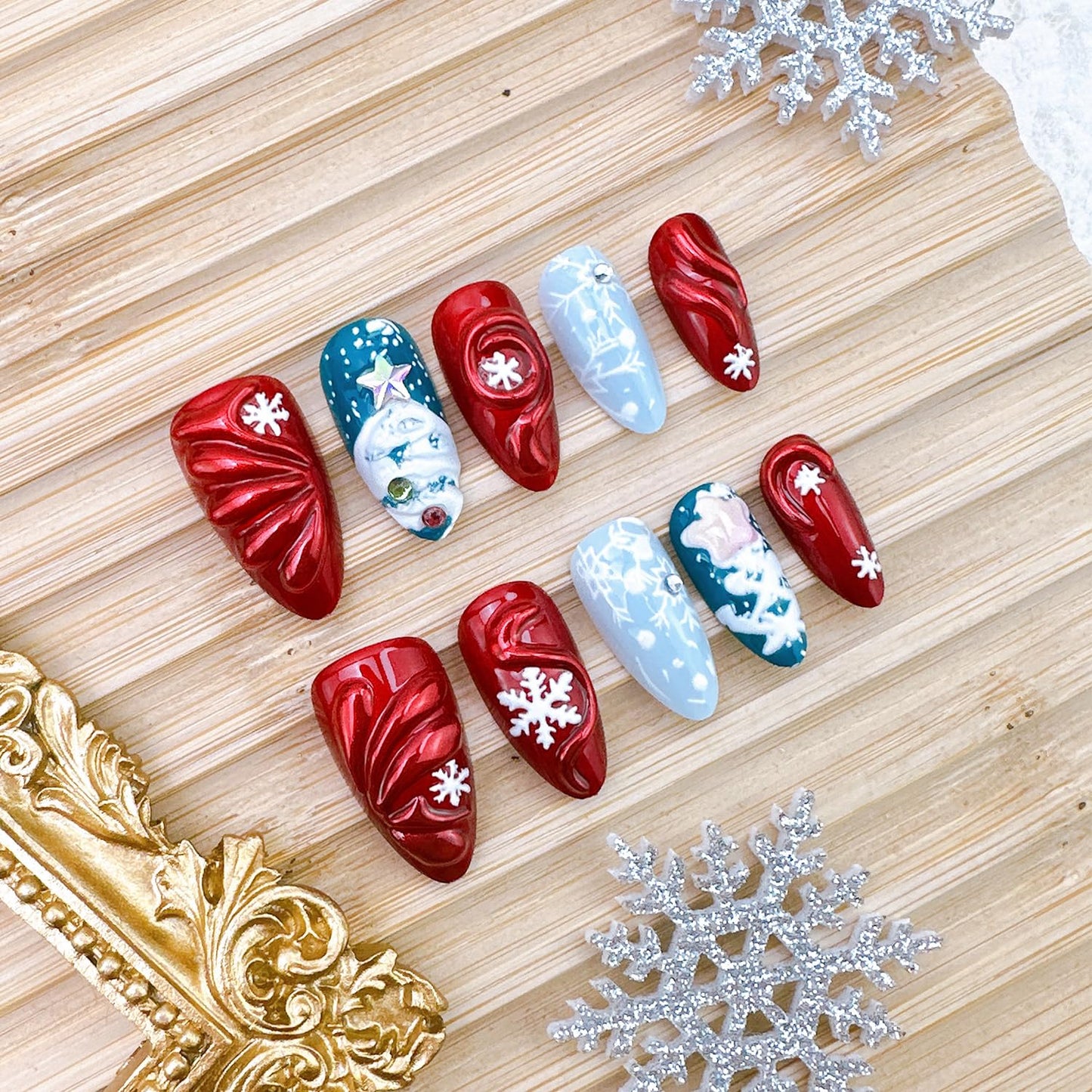 3D Christmas Press-On Nails - Medium Almond Acrylic with Rhinestones | 24 Pcs Winter Snowflake Designs