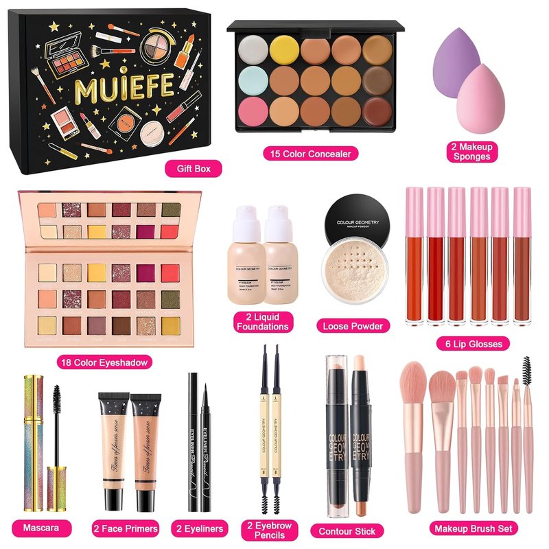 Makeup Kit for Women - Complete Beginner Makeup Set with Eyeshadow Palette, Foundation, Lip Gloss & Brushes | Perfect Gift for Teen Girls