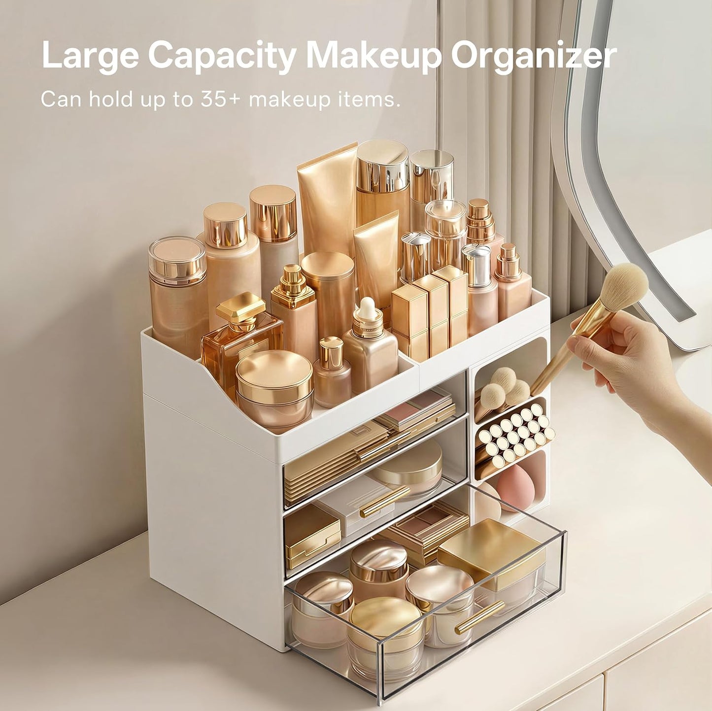 Makeup Organizer - Large Bathroom Countertop Storage with Brush Holder & Drawers | White Skincare Organizer for Vanity