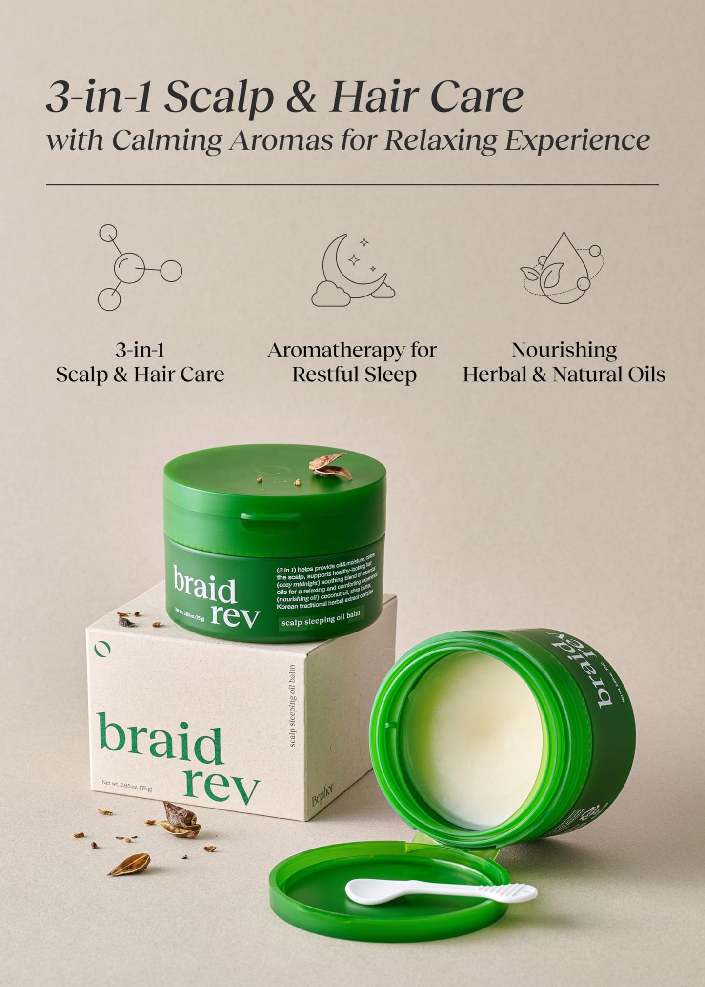 Bephor Braid Rev Scalp Sleeping Oil Balm, Korean Scalp Treatment, Balm-to-Oil Formula, Nourishing for Dry Scalp with Coconut & Shea Butter, Reduces Excess Sebum & Strengthens Hair Roots, 2.65 oz