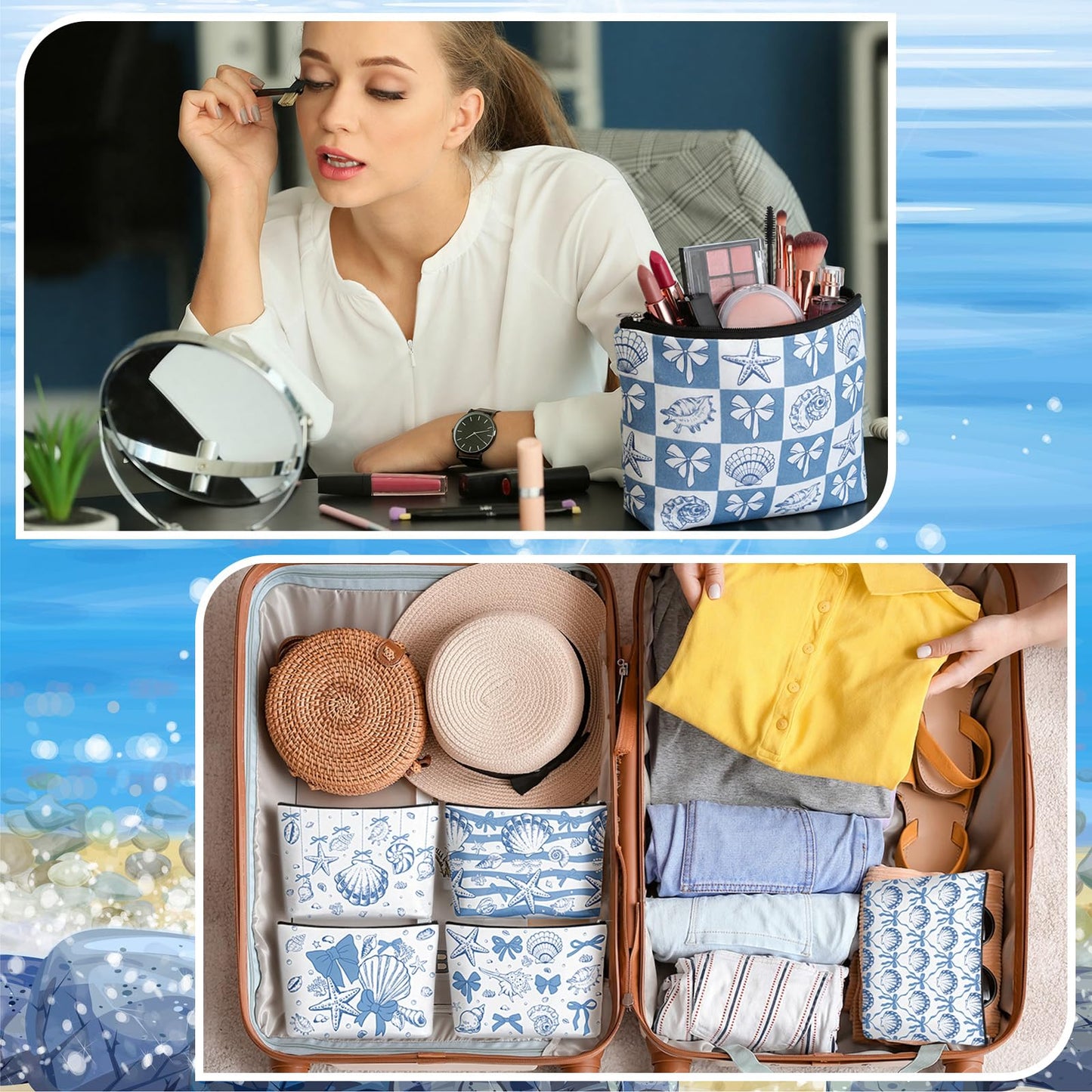 Reginary 12 Pcs Ocean Bow Makeup Bags Beach Gifts for Women Seashell Starfish Cosmetic Bags with Zippers Coquette Aesthetic Pouch Bulk Gifts for Stuff Nautical Party Favors Supplies Travel Accessory