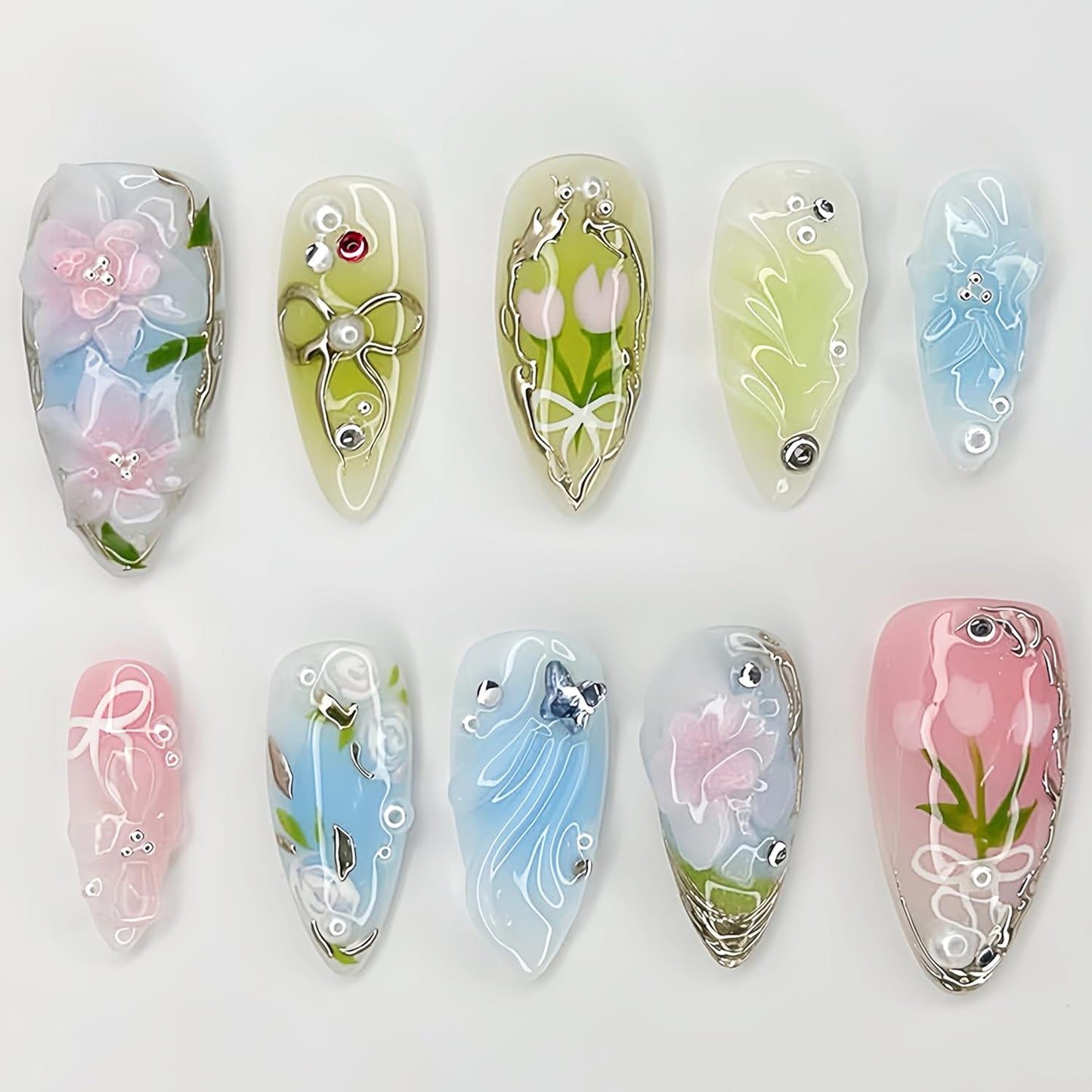 Almond Press-On Nails Set - 30Pcs 3D Pink Flower & Gold Beads | Reusable Floral Design for Beach Vacation