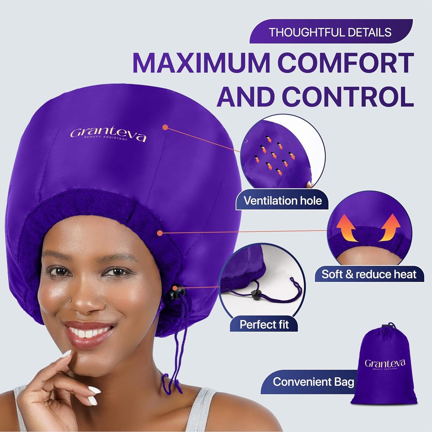 Hair Dryer Bonnet Attachment - Integrated Headband Reduces Heat Around Ears & Neck | Large Purple Diffuser Cap for Curly Hair