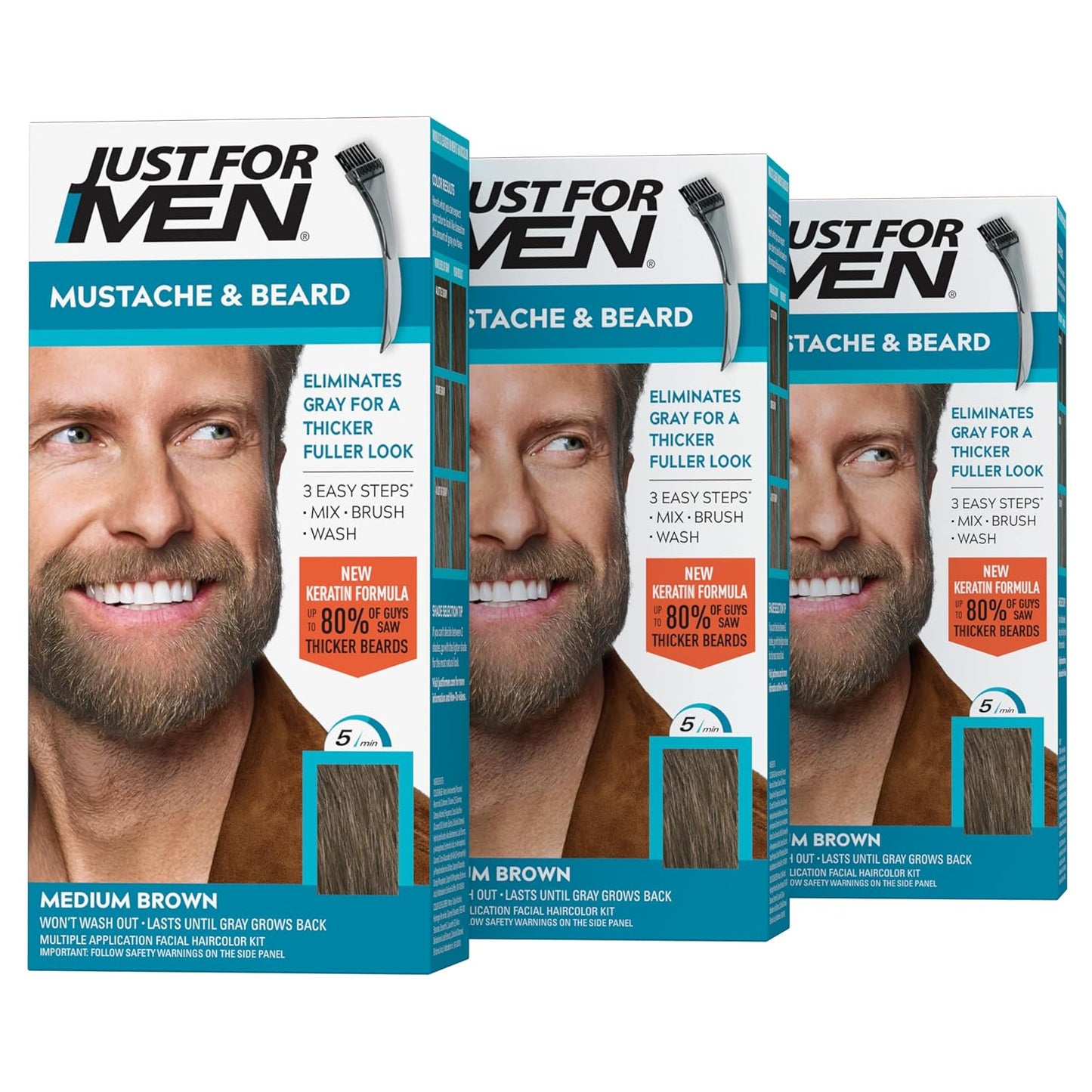 Just For Men Mustache & Beard Color | Gray Hair Beard Coloring with Keratin, Biotin & Aloe - Medium Brown M-35