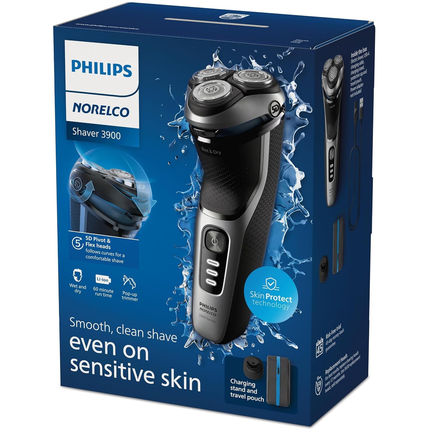 Philips Norelco Shaver 3900 - Rechargeable Wet & Dry Electric Shaver with Trimmer & Stand | Nose Trimmer for Ears & Eyebrows