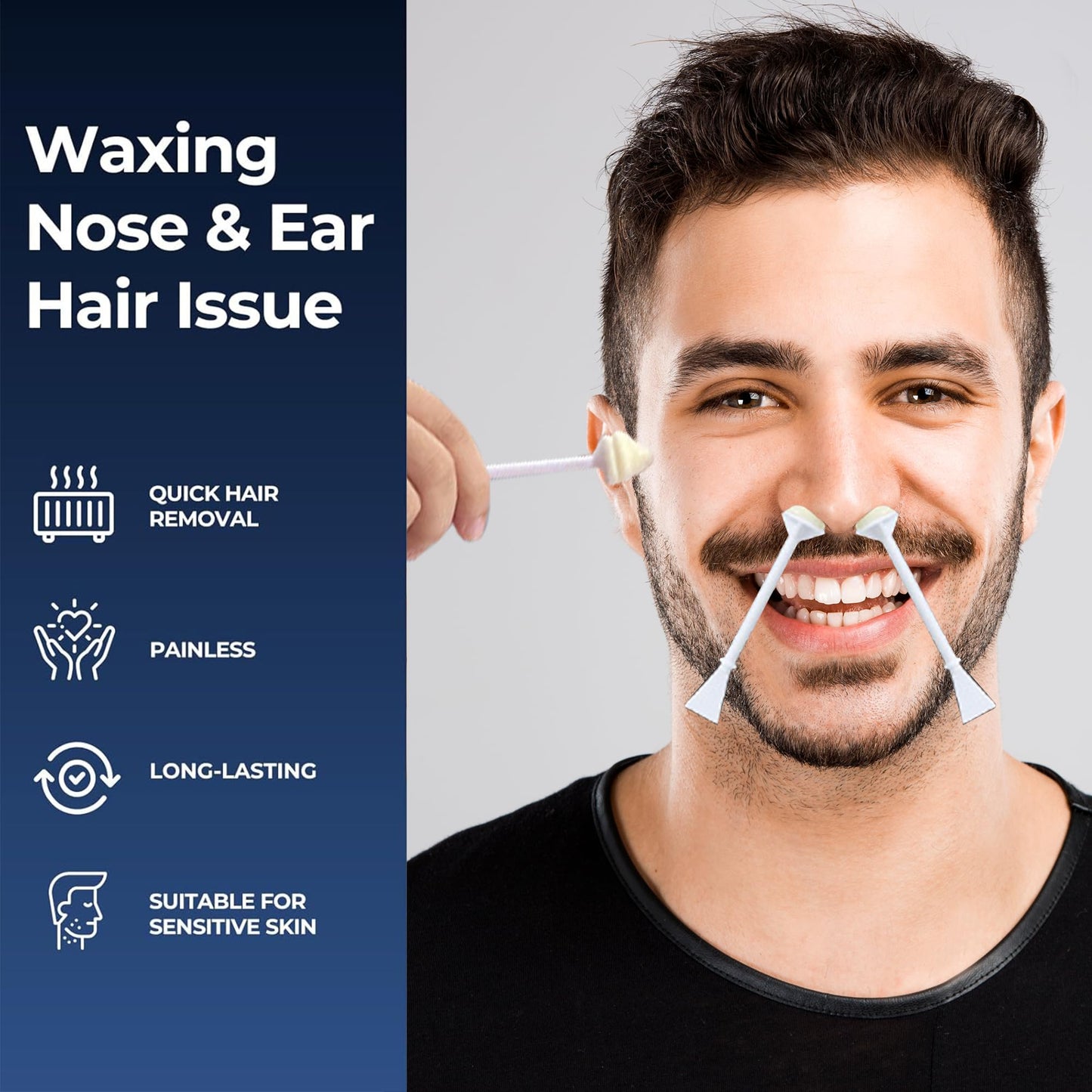 Nose Hair Wax Kit, Nose Ear Hair Hot Wax Kit for Hair Removal with 100g Wax, 30 Nose Wax Sticks, 3 Silicone Pots, At Home Waxing Kit for Women Men, USB Rapid Heating Constant Temperature (Black)