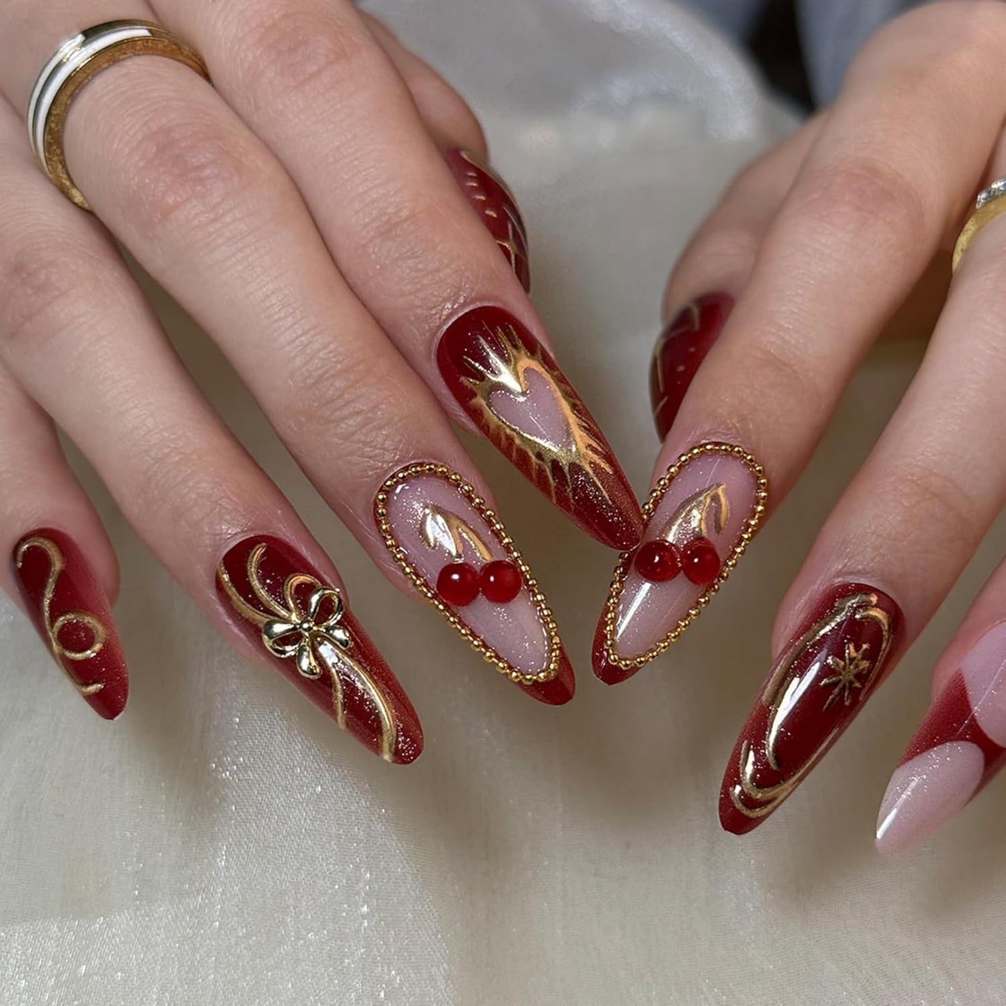 Almond Press-On Nails - Ombre French Tip with Butterfly Designs | 24 Pcs Set for Women