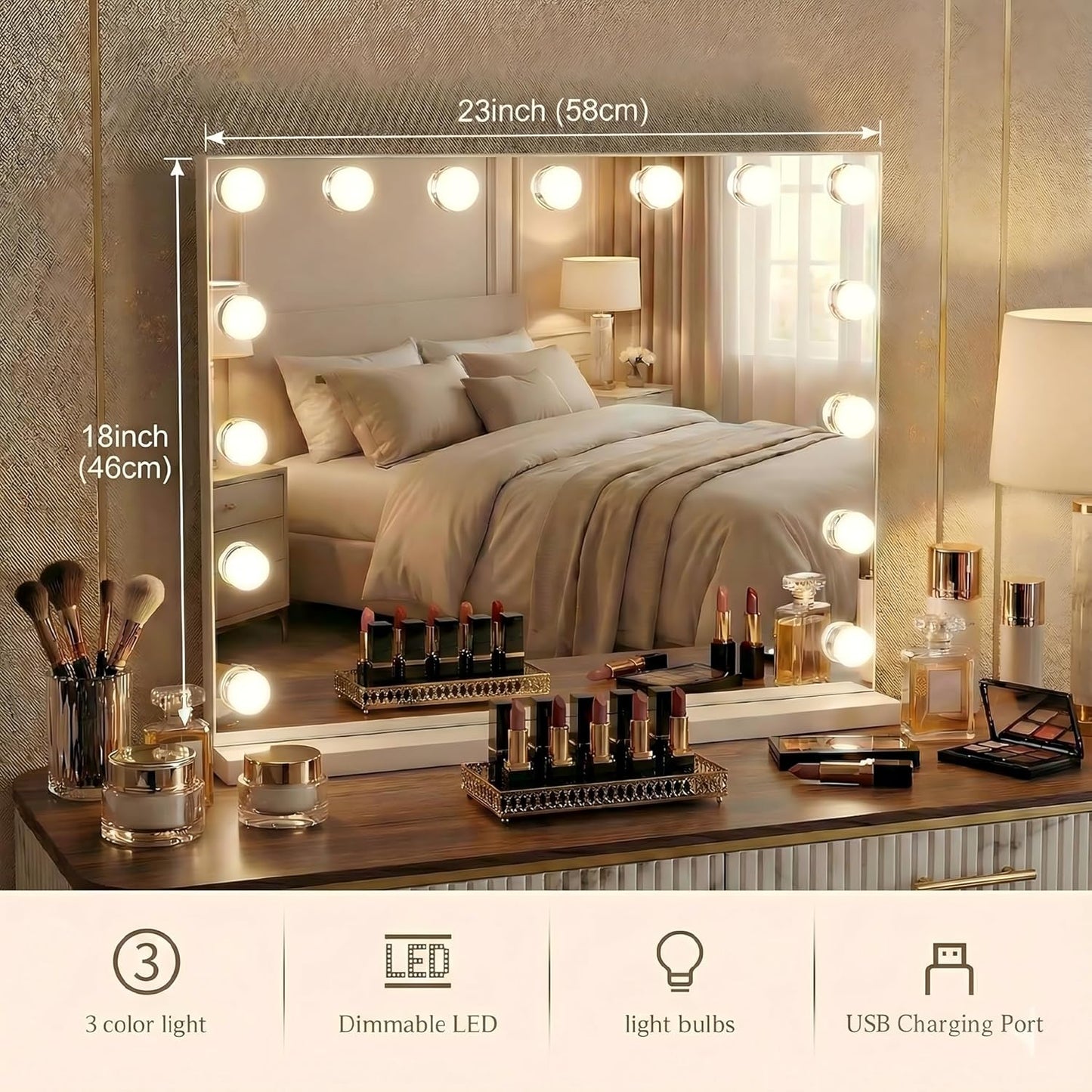 Makeup Vanity Mirror - 15 Dimmable LED Bulbs, 3 Color Lights | 23"x18" Large White Lighted Mirror with 10X Magnifying Feature