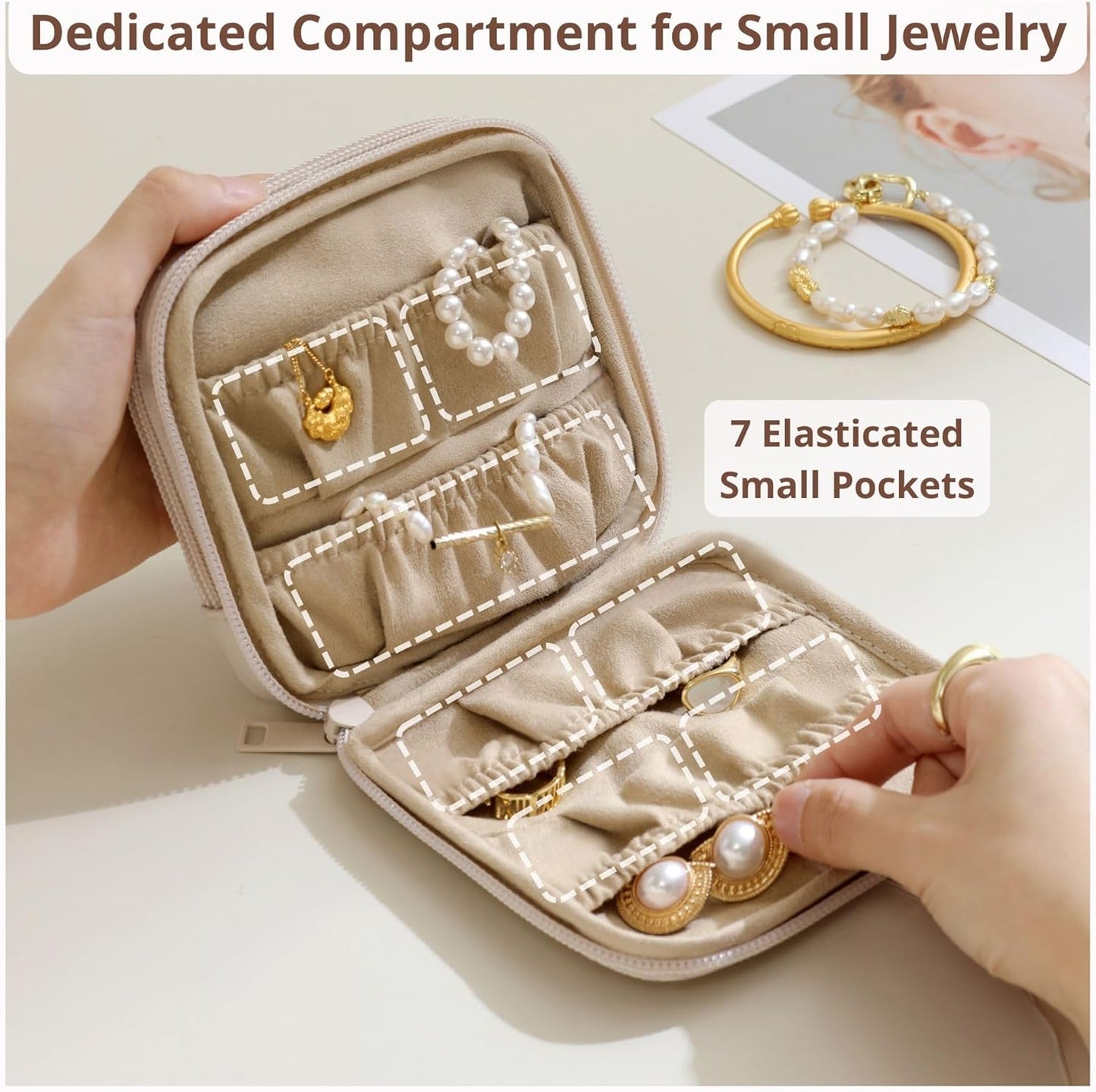 Travel Jewelry Case - Tangle-Free Waterproof Organizer for Women | Beige Double Zipper Gift Box