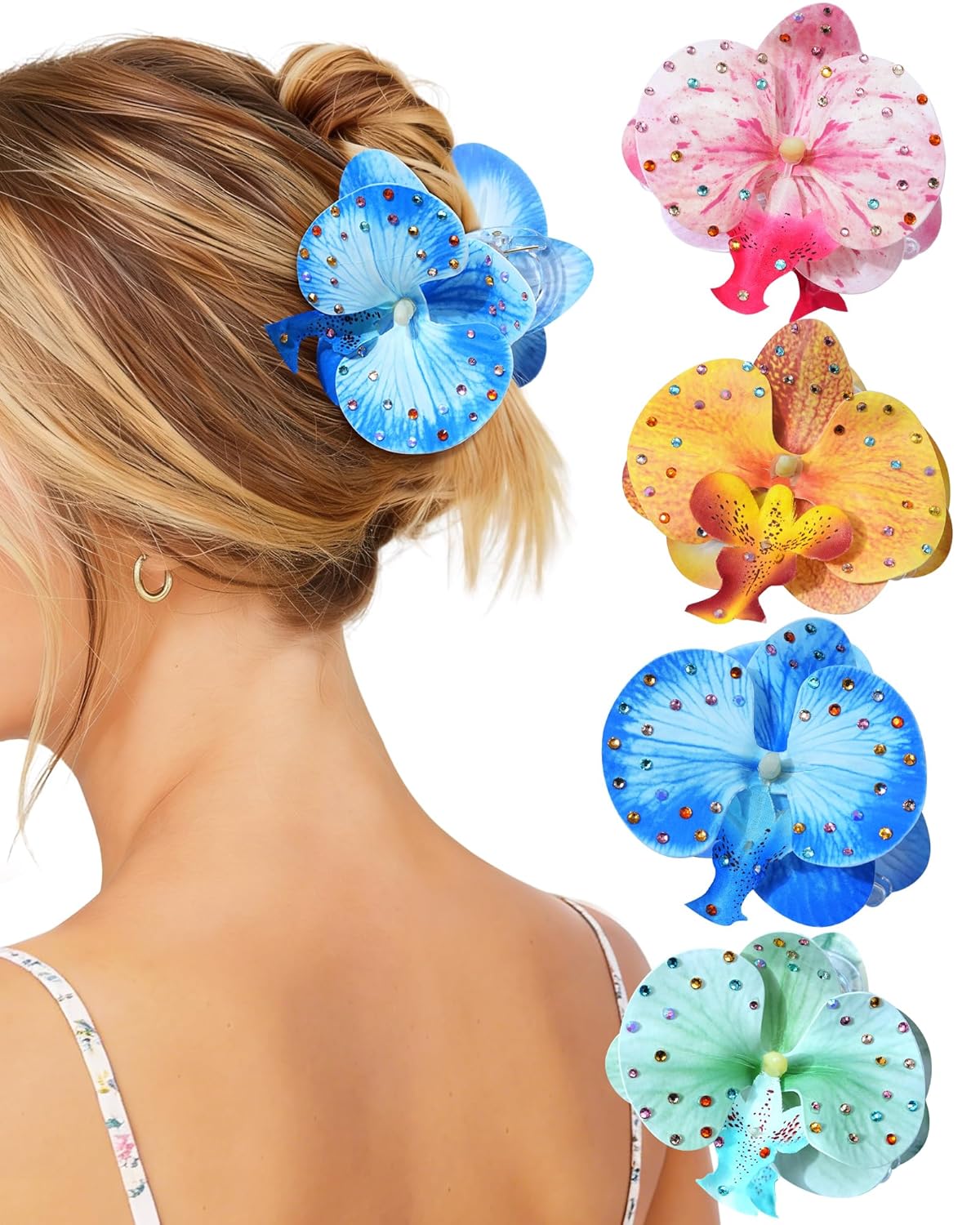 Hawaiian Flower Hair Claw Clips - 4 Pack Artificial Tropical Orchid | Wedding & Beach Party Accessories (Blue, Green, Pink, Yellow)