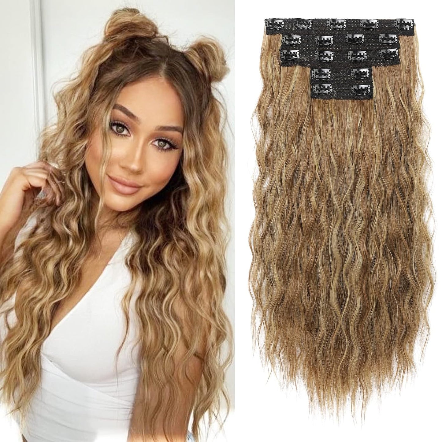 Clip In Hair Extensions - 24" Thick Long Loose Waves | Invisible Lace Weft, Natural Soft Hairpieces - Chocolate Brown with Blonde Highlights