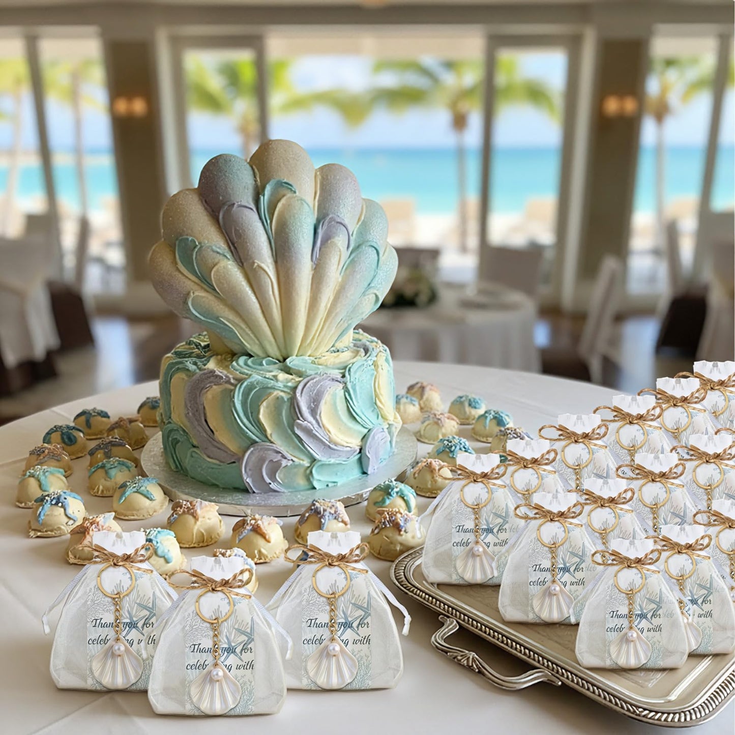 Equsion 24 Sets Seashell Keychain Beach Party Favor Last Toast on The Coast Party Bulk Gift Beach Shell Charm and Pearl Gift with Organza Bag for Nautical Wedding Baby Shower Bridal Shower (White)