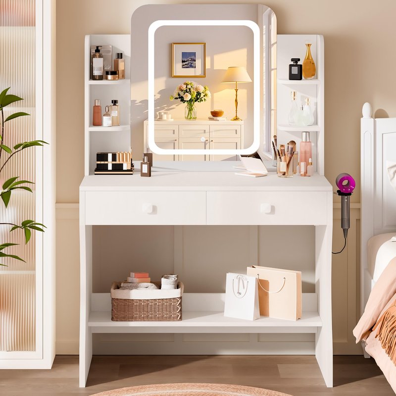 LIVELYGLOW Small Makeup Vanity Desk with Smart LED Mirror & Power Outlet, 29.5" White Vanity Table with Hairdryer Rack, 5 Storage Shelves & 2 Drawers, Compact Dressing Table for Small Spaces