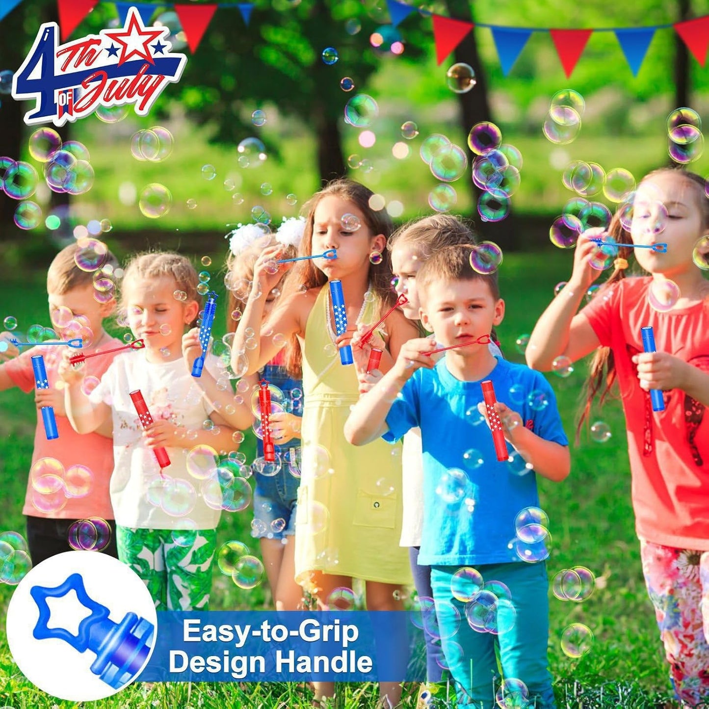 4th of July Party Favors - 100 Mini Bubble Wands | Patriotic Red, White & Blue Bubbles for Kids' Birthday Celebrations