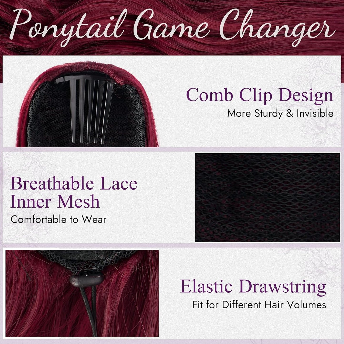 Burgundy Red Wavy Drawstring Ponytail Extensions - 20 Inch Synthetic Clip-In Hairpiece for Women, Natural Curly Style