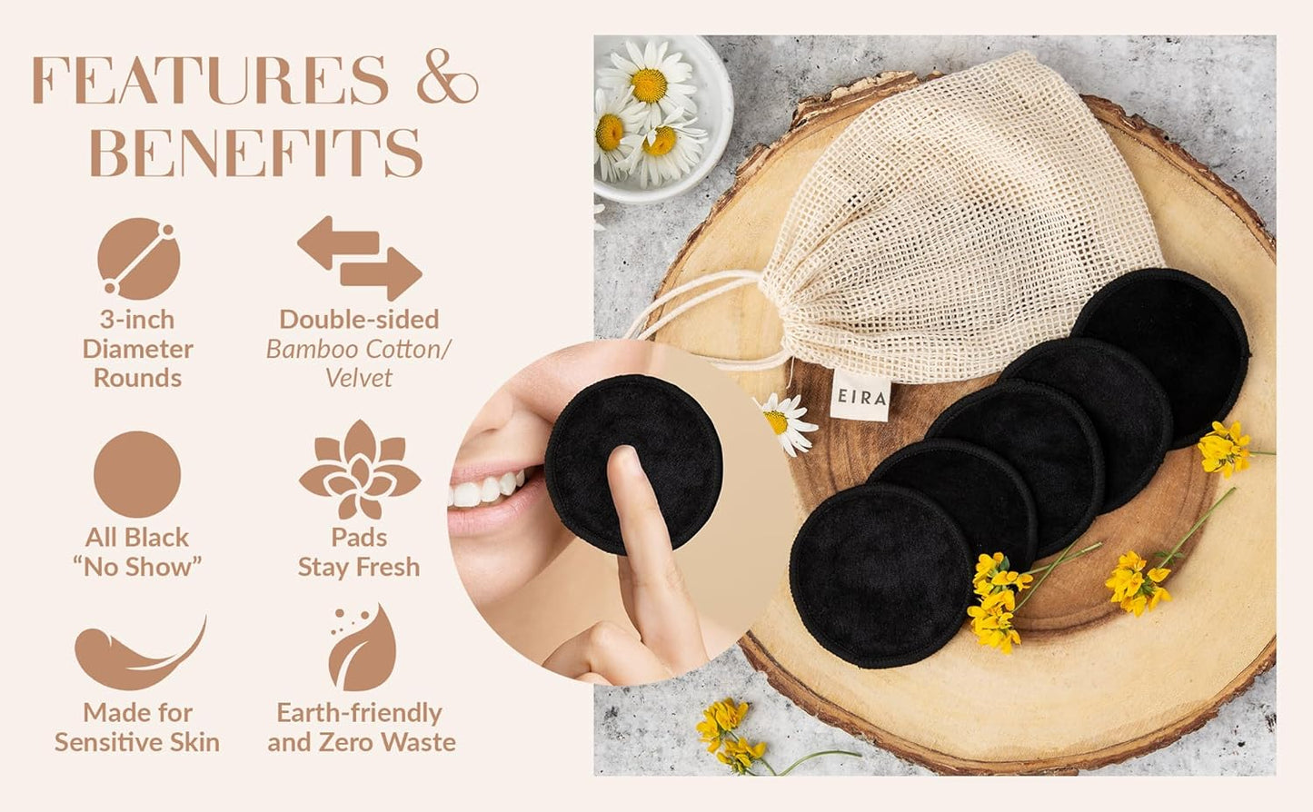 Reusable Makeup Remover Pads - Eco-Friendly Bamboo Cotton Rounds for Sensitive Skin | Washable Set with Holder