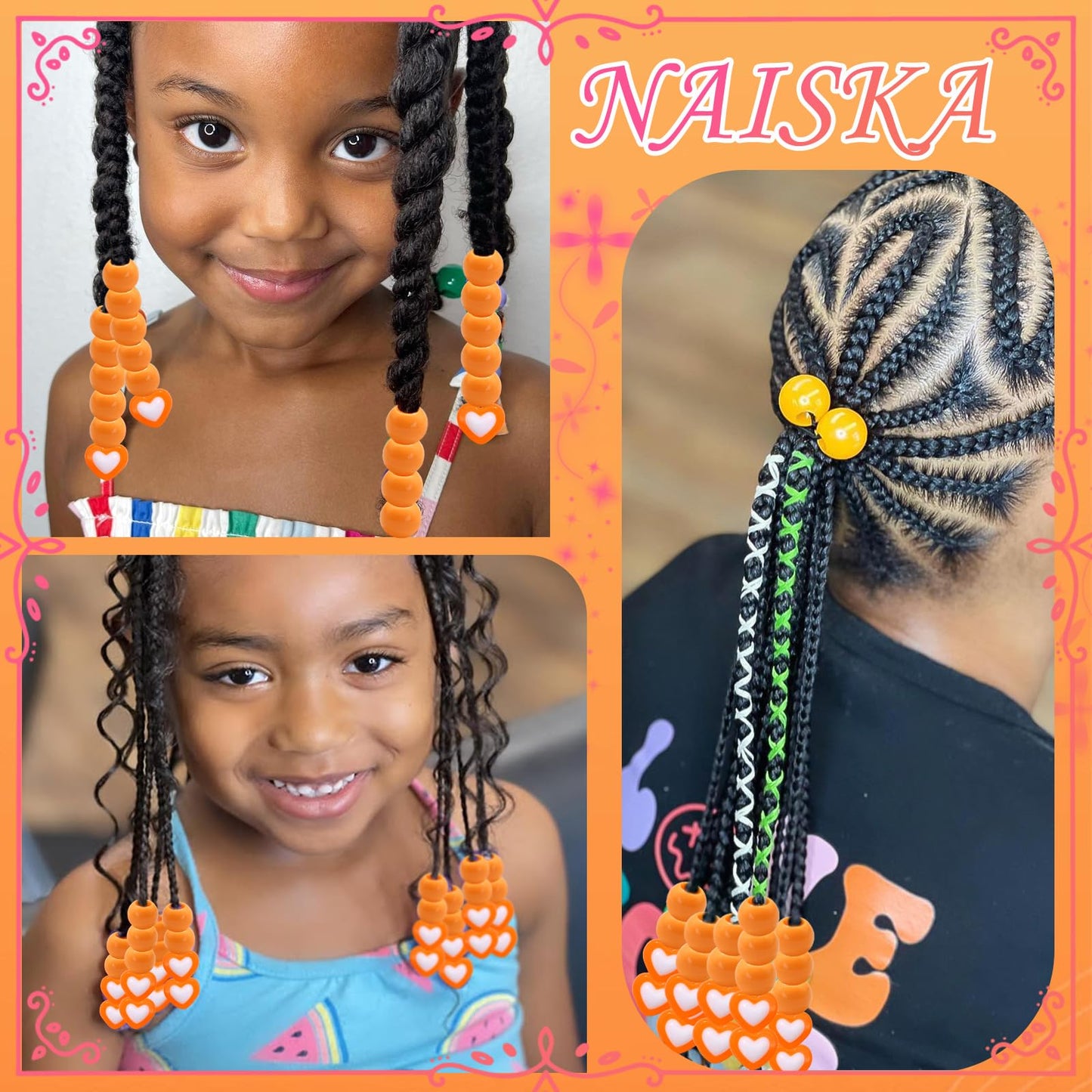 NAISKA 60PCS Orange Beads for Kids Girls Round Loc Dreadlock Beads Heart Shape Spacer Bead Acrylic Accessories for Party Decorate